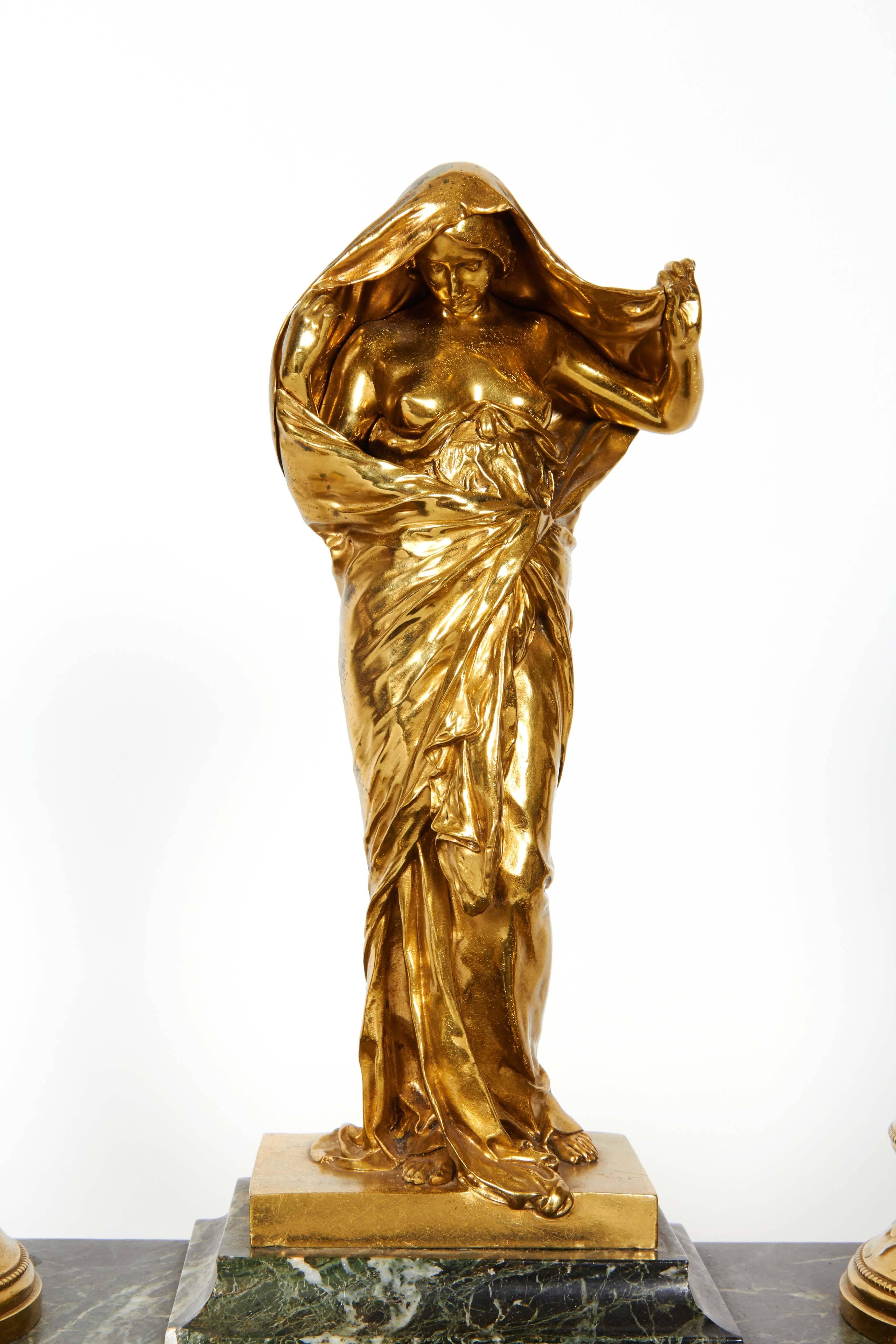 Louis-Ernest Barrias (French, 1841 - 1905) Ormolu Gilt Bronze and Marble Inkwell In Excellent Condition In Queens, NY