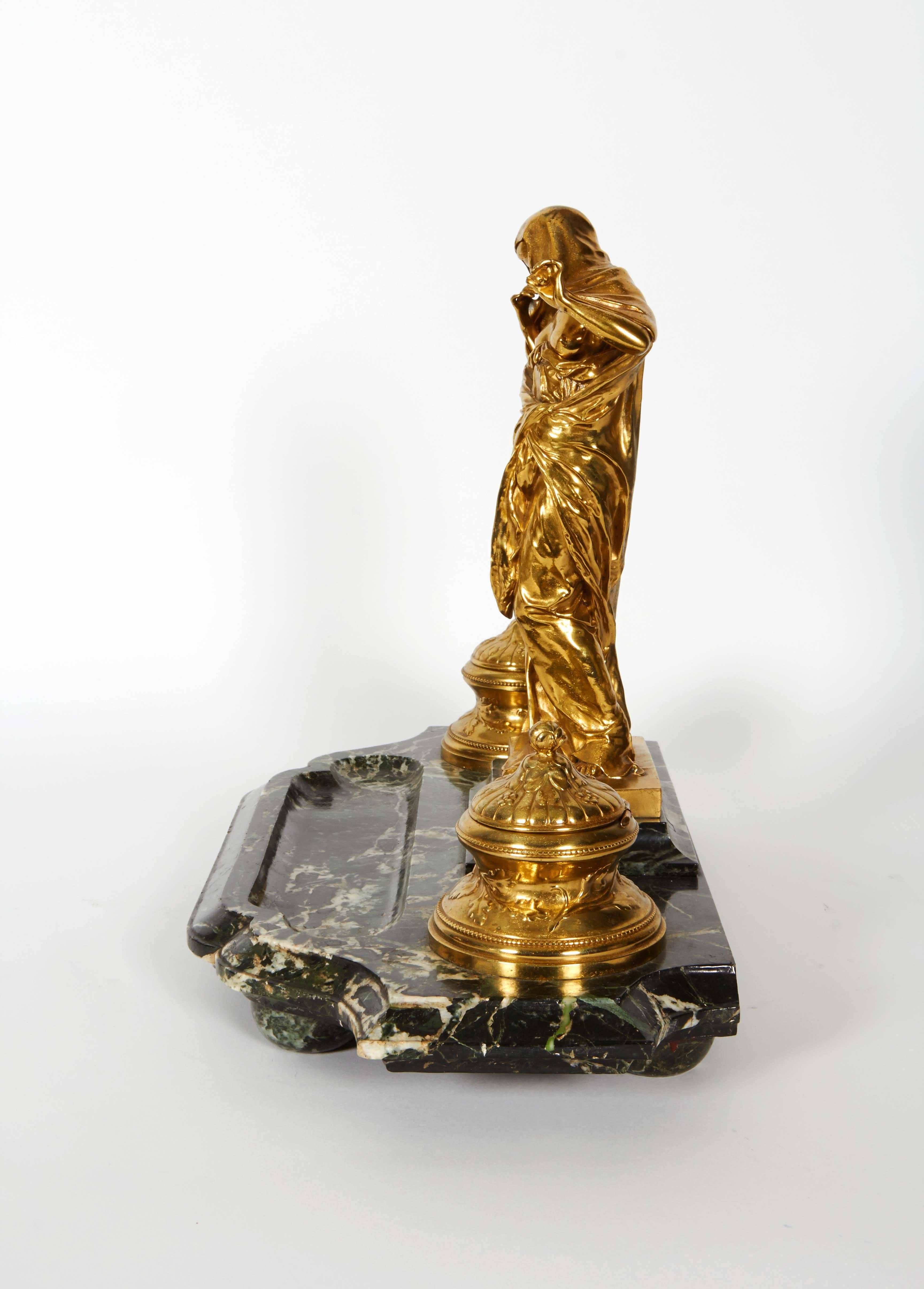 Louis-Ernest Barrias (French, 1841 - 1905) Ormolu Gilt Bronze and Marble Inkwell 2
