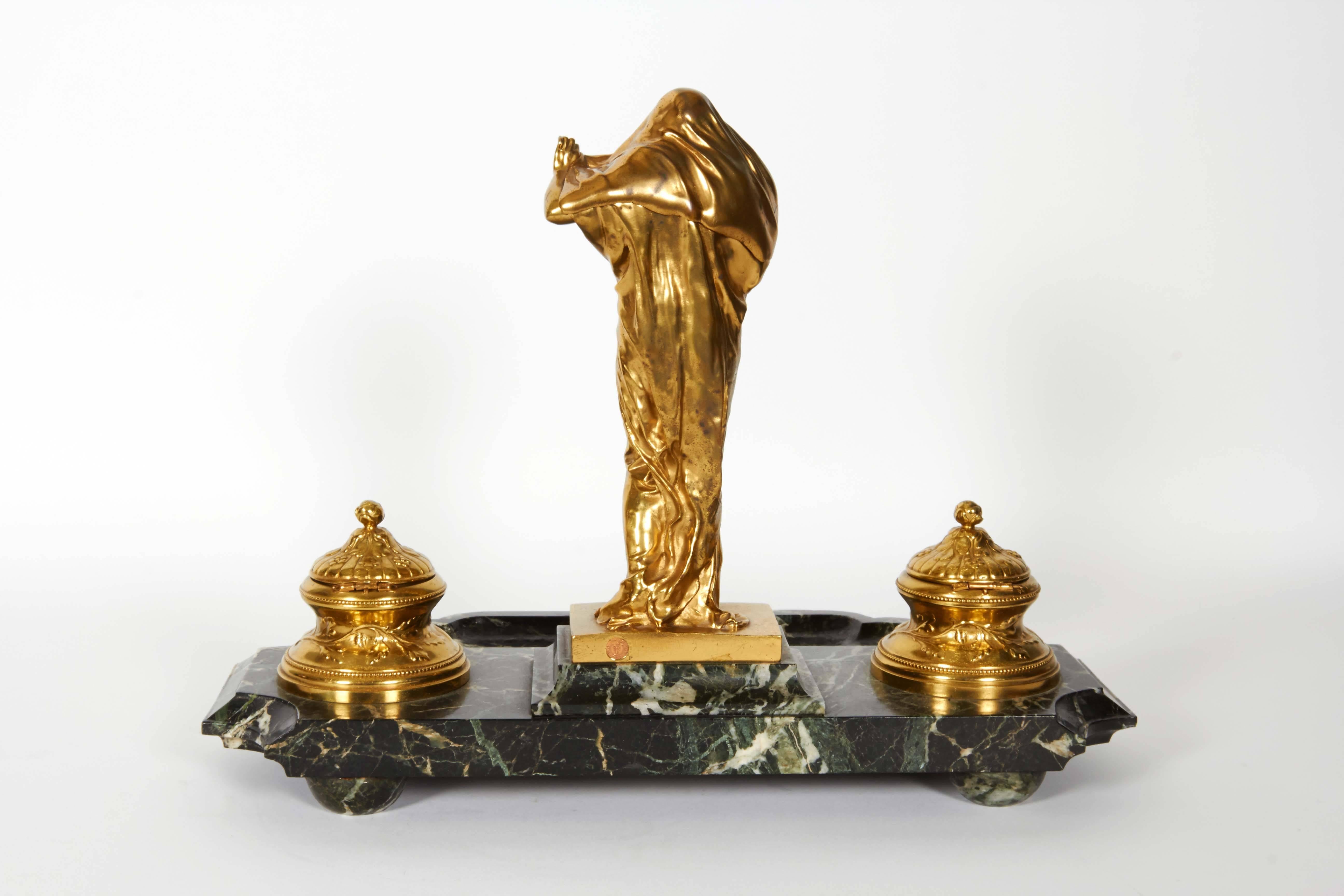 Louis-Ernest Barrias (French, 1841 - 1905) Ormolu Gilt Bronze and Marble Inkwell 5