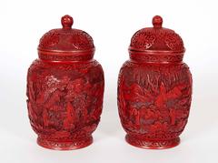 Pair of Chinese Cinnabar Lacquer Vases and Covers