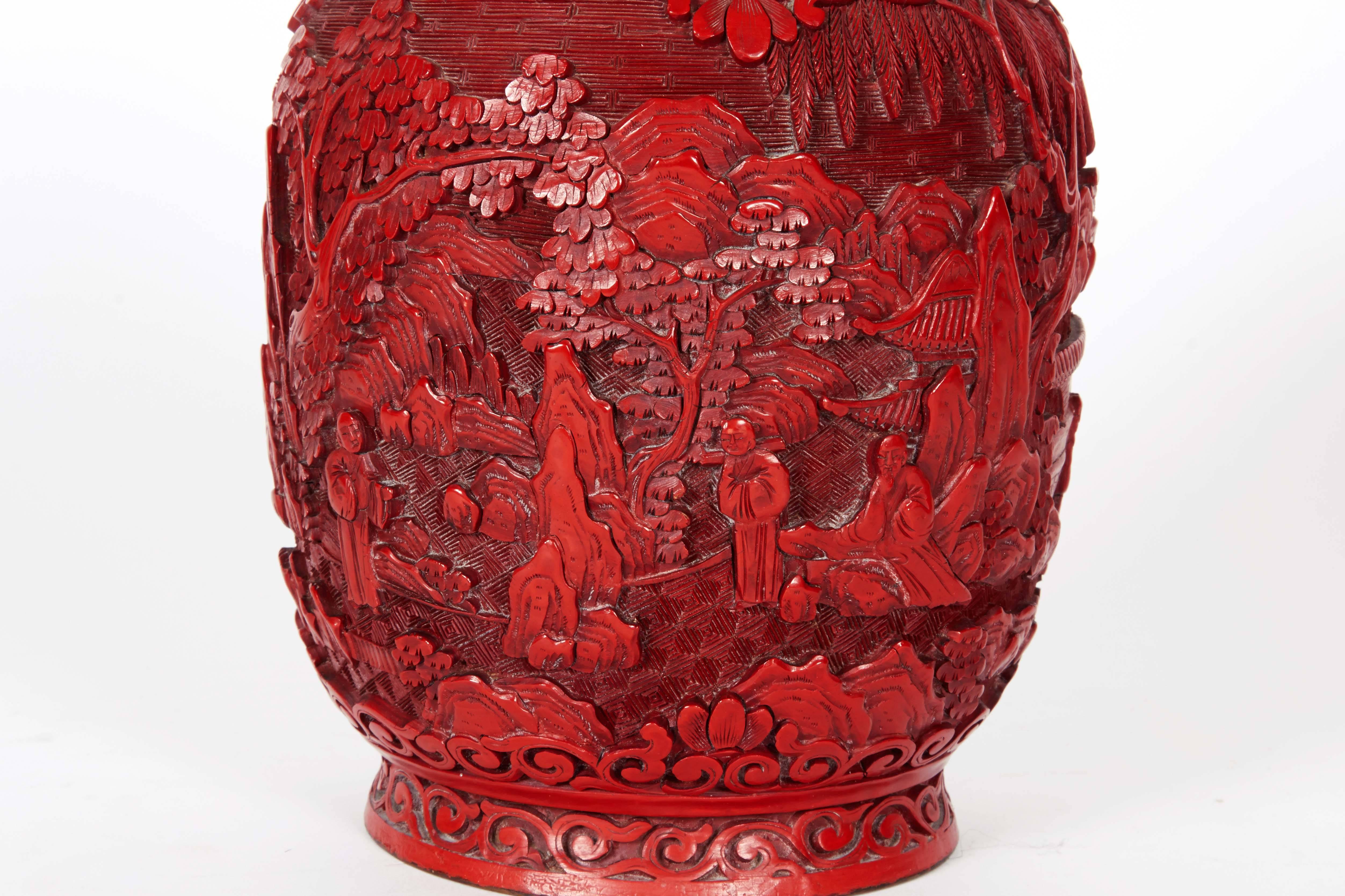 Pair of Chinese Cinnabar Lacquer Vases and Covers In Excellent Condition In Queens, NY
