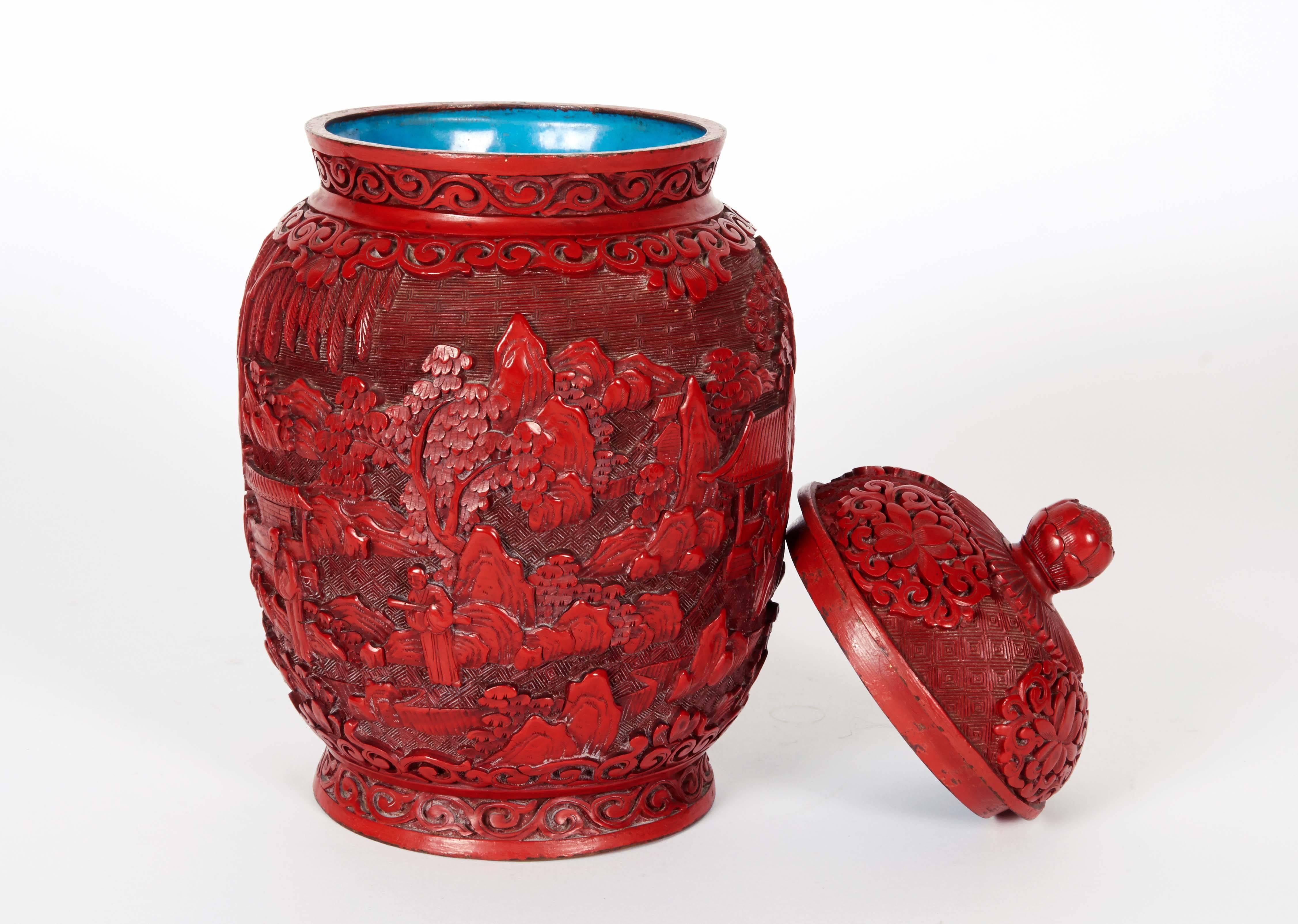 19th Century Pair of Chinese Cinnabar Lacquer Vases and Covers