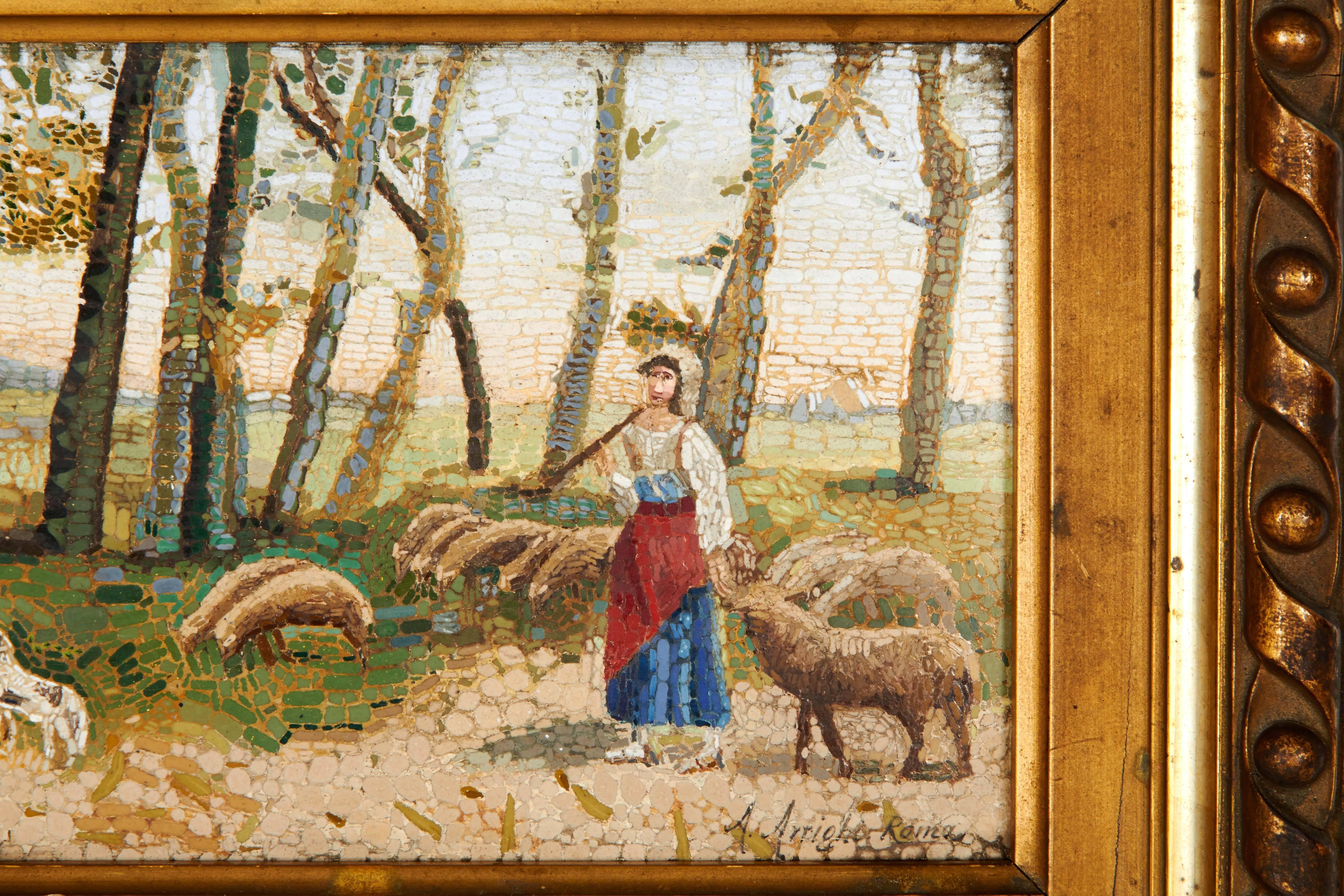 A vey fine Italian micro Mosaic plaque signed A. Arighi, Roma.

Depicting a woman and her animals in nature.

From the Mosaic Vatican Studio. 

Original gilt frame: 10