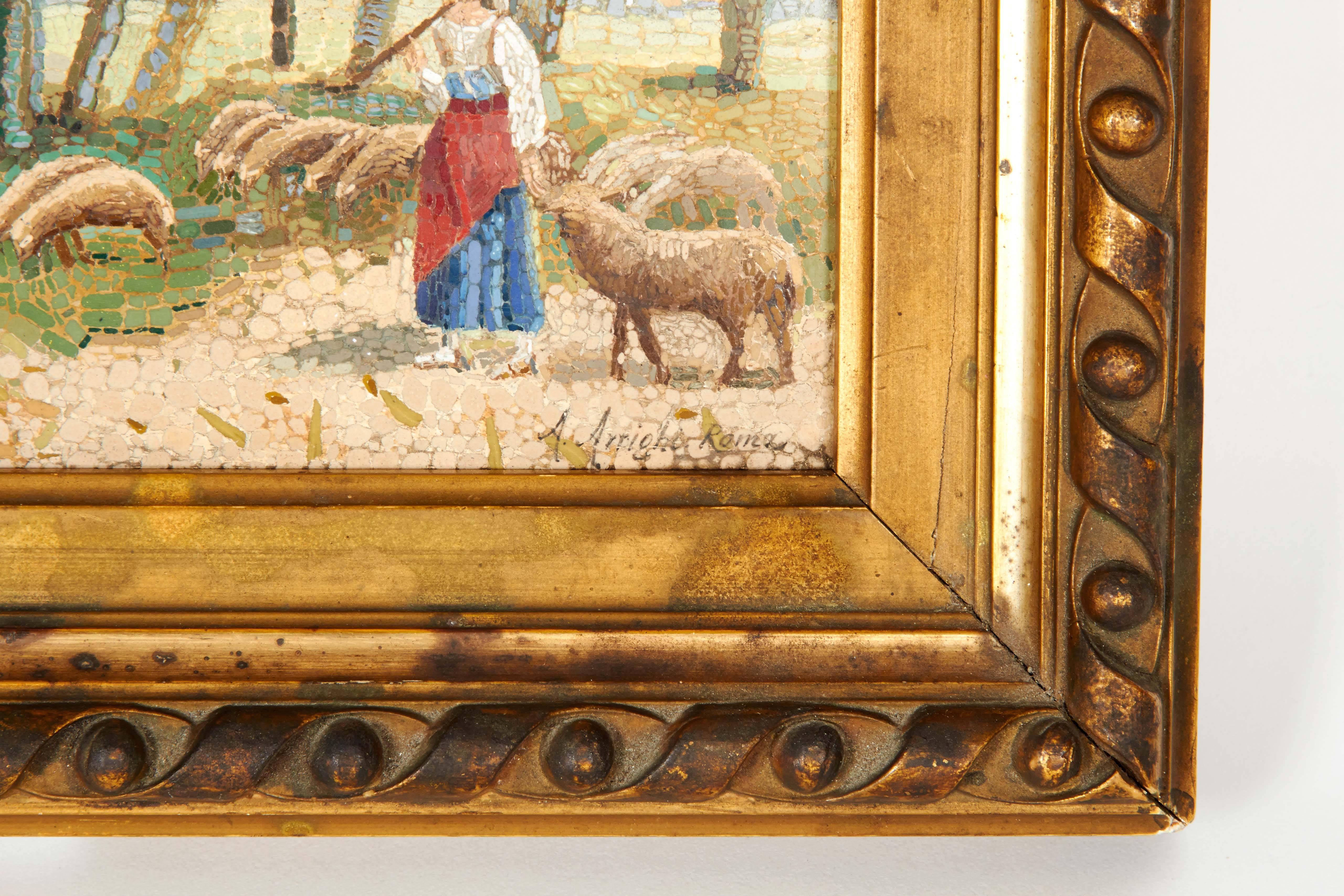 Very Fine Italian Micromosaic Plaque Signed Arighi Rome, Vatican Studio Sheeps In Excellent Condition In New York, NY