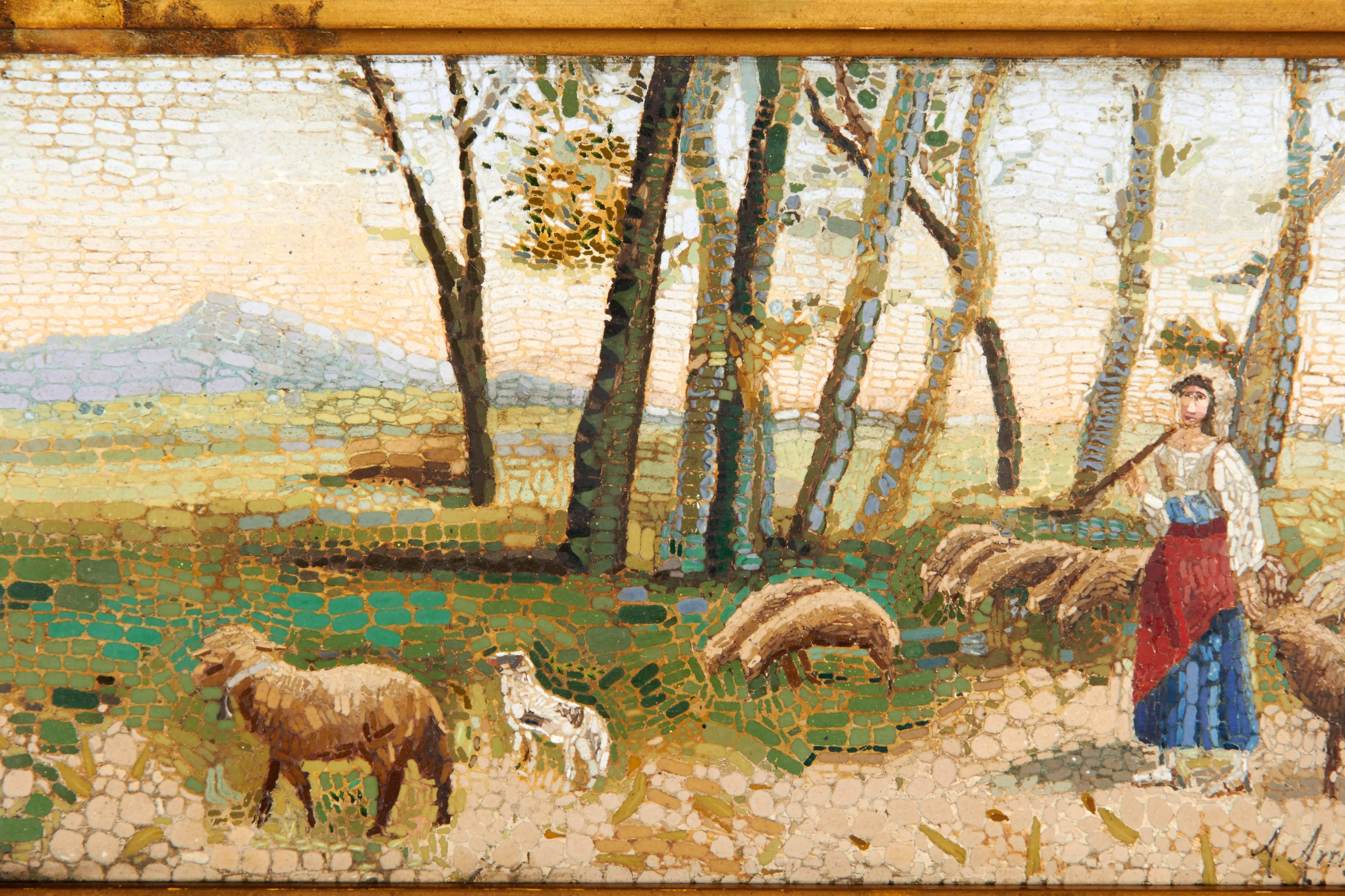19th Century Very Fine Italian Micromosaic Plaque Signed Arighi Rome, Vatican Studio Sheeps
