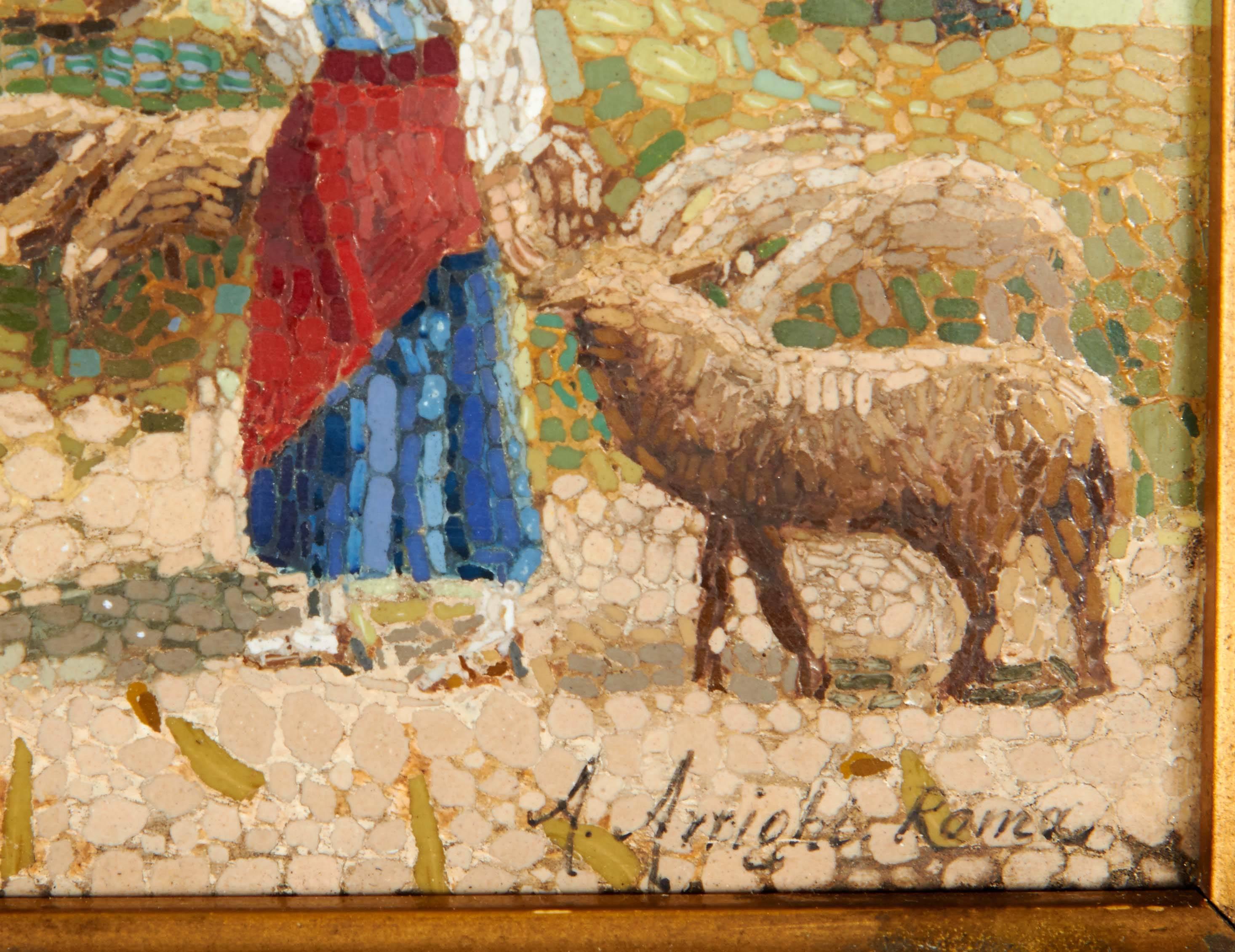 Very Fine Italian Micromosaic Plaque Signed Arighi Rome, Vatican Studio Sheeps 2