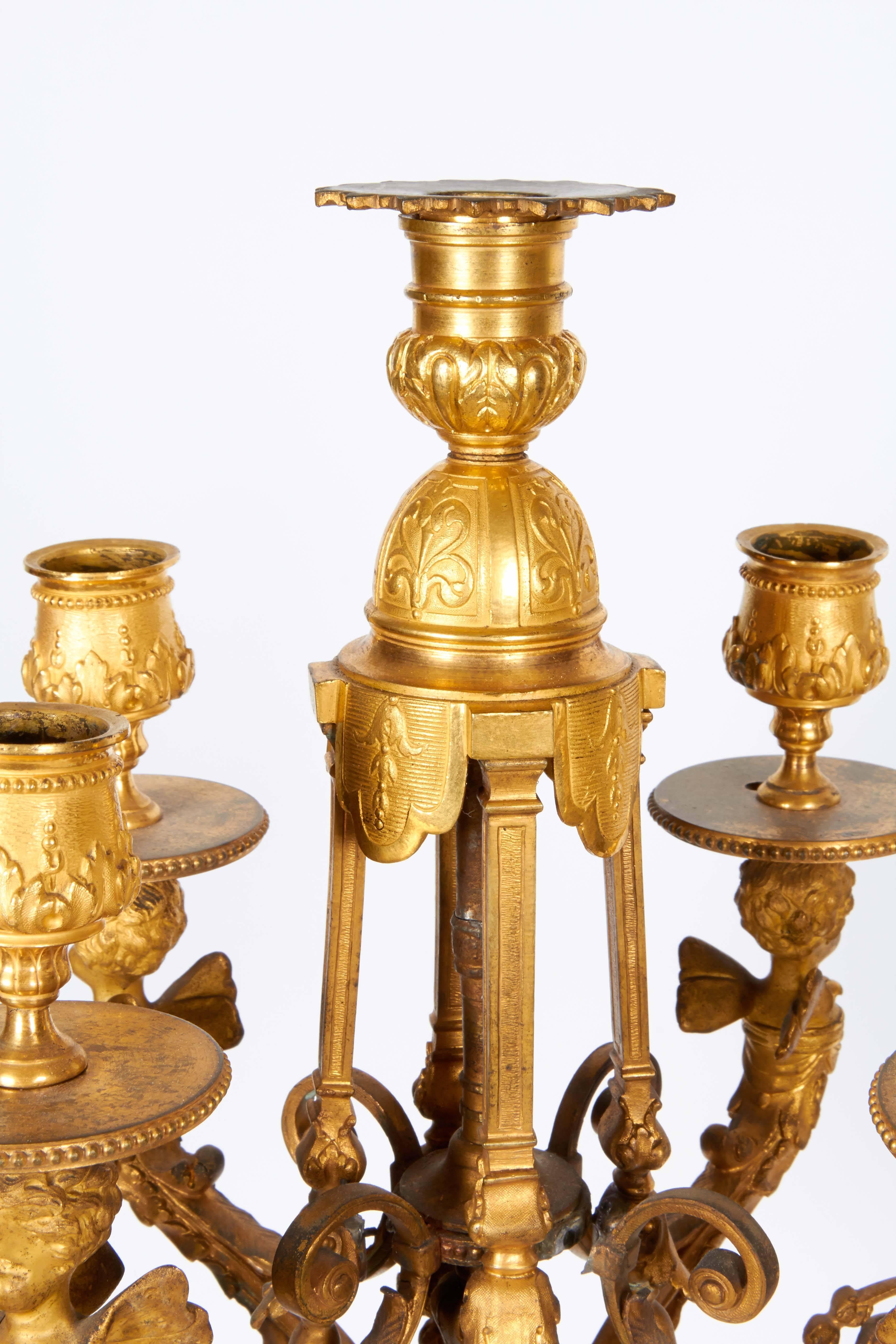 Pair of French Louis XVI Style Ormolu Gilt Bronze Candelabra with Winged Cheurbs 3