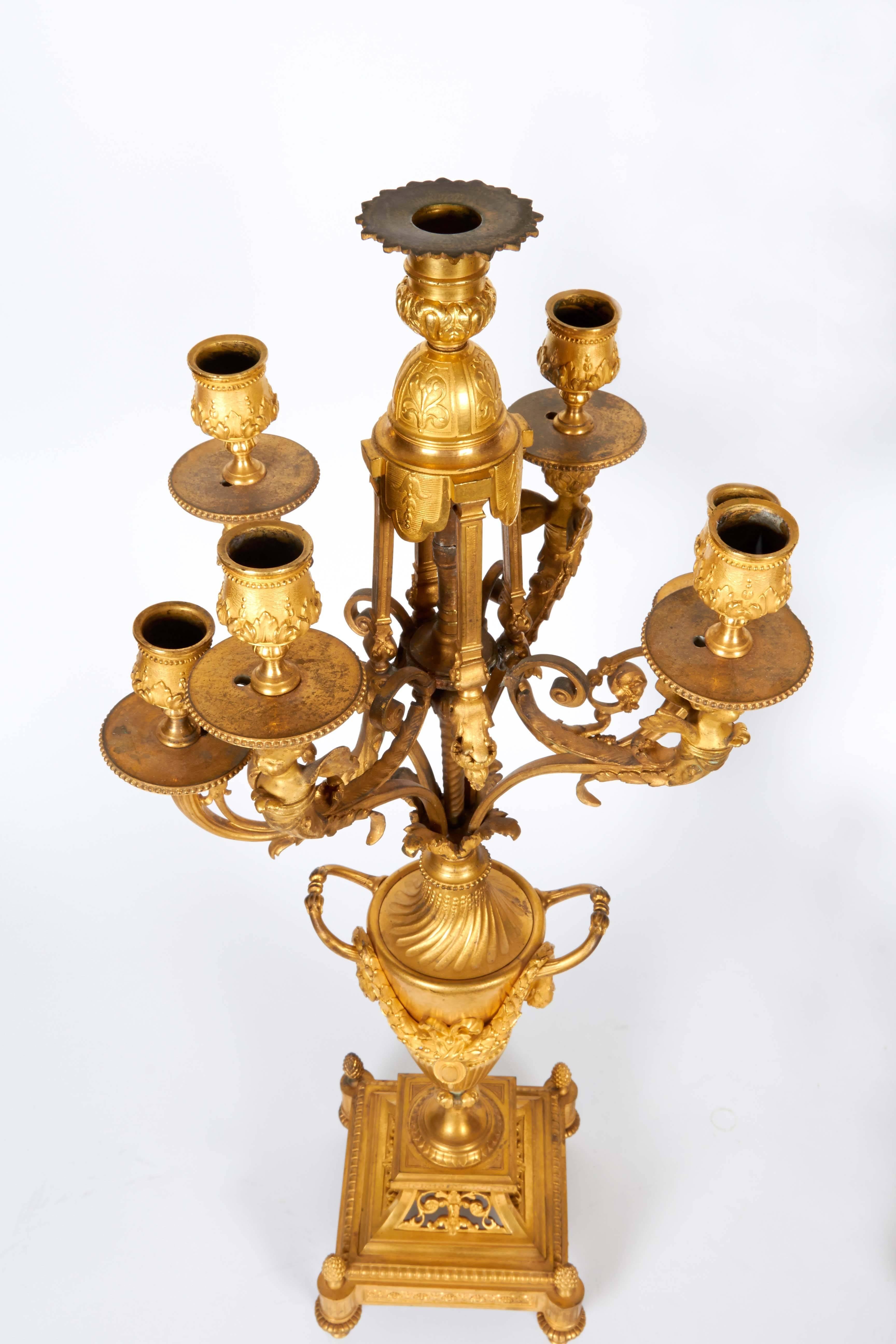 Pair of French Louis XVI Style Ormolu Gilt Bronze Candelabra with Winged Cheurbs 4