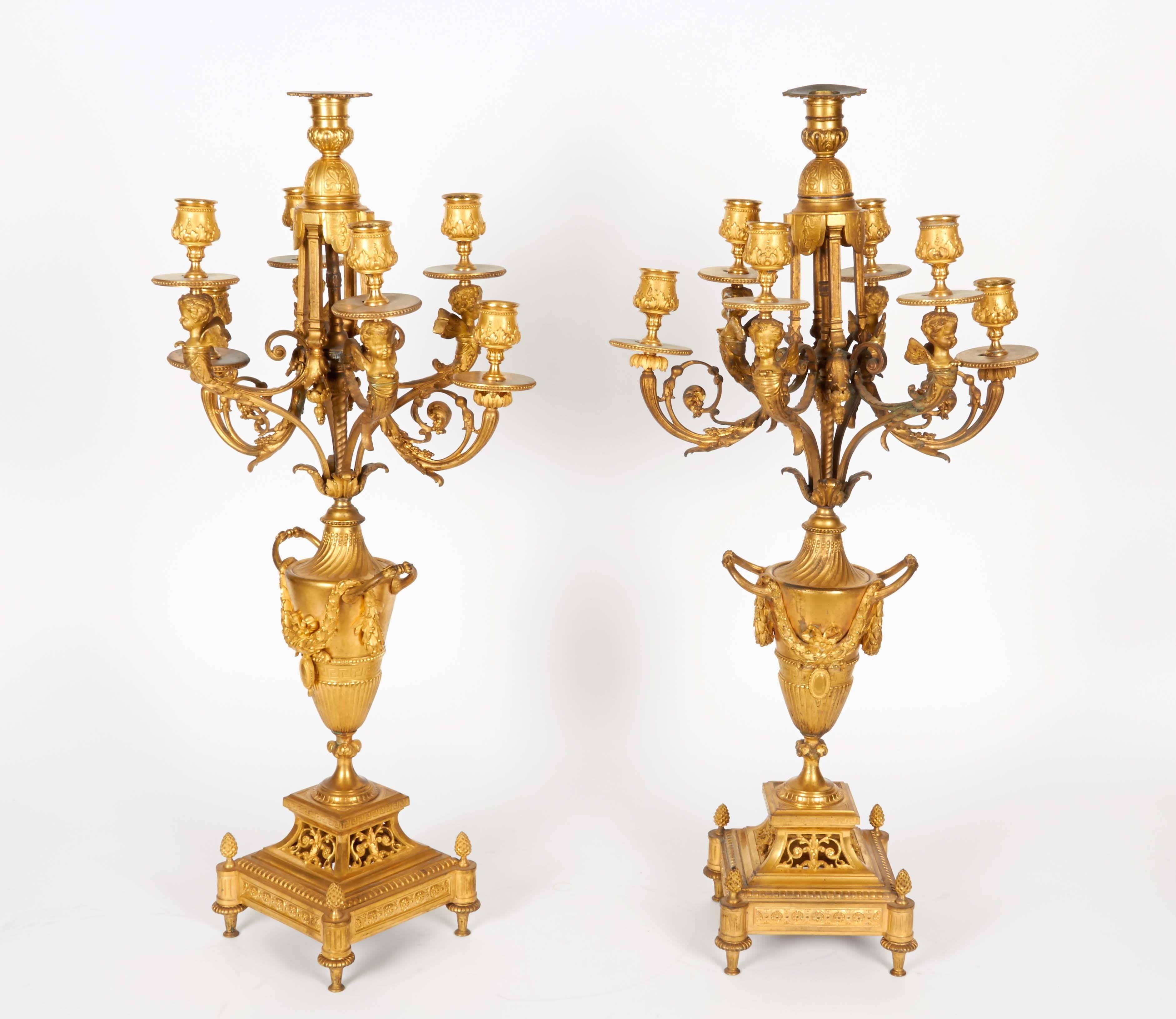 Pair of French Louis XVI Style Ormolu Gilt Bronze Candelabra with Winged Cheurbs 6