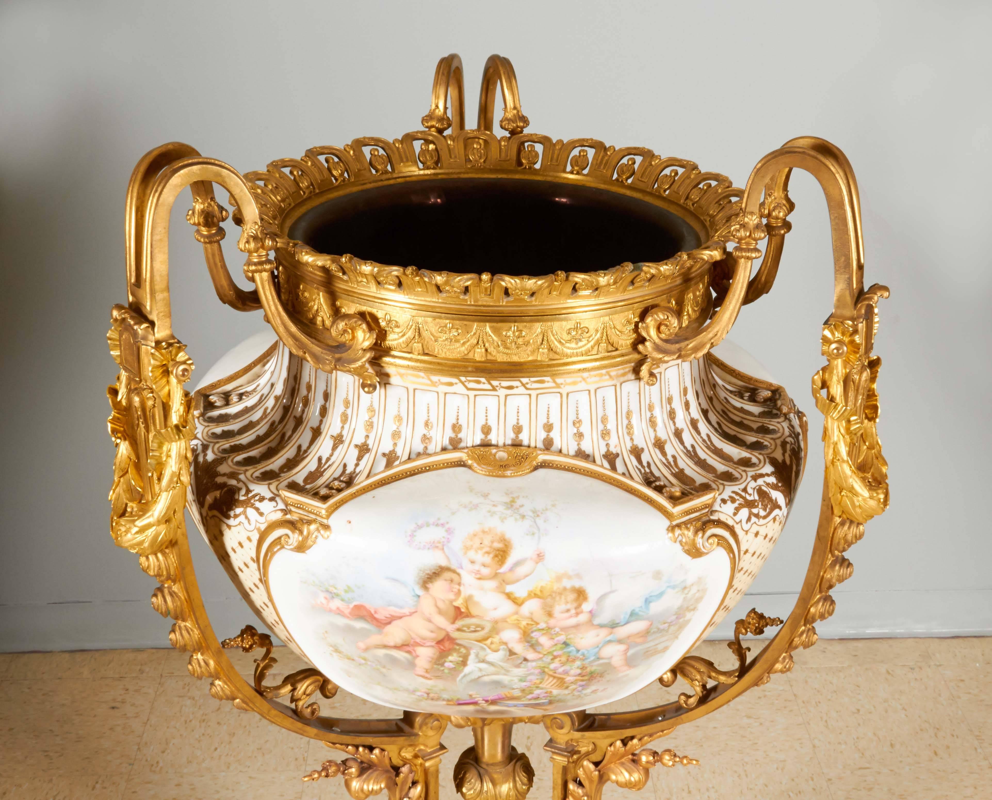 Important and Palatial Ormolu and Sèvres Style Porcelain Jardiniere Vase 3