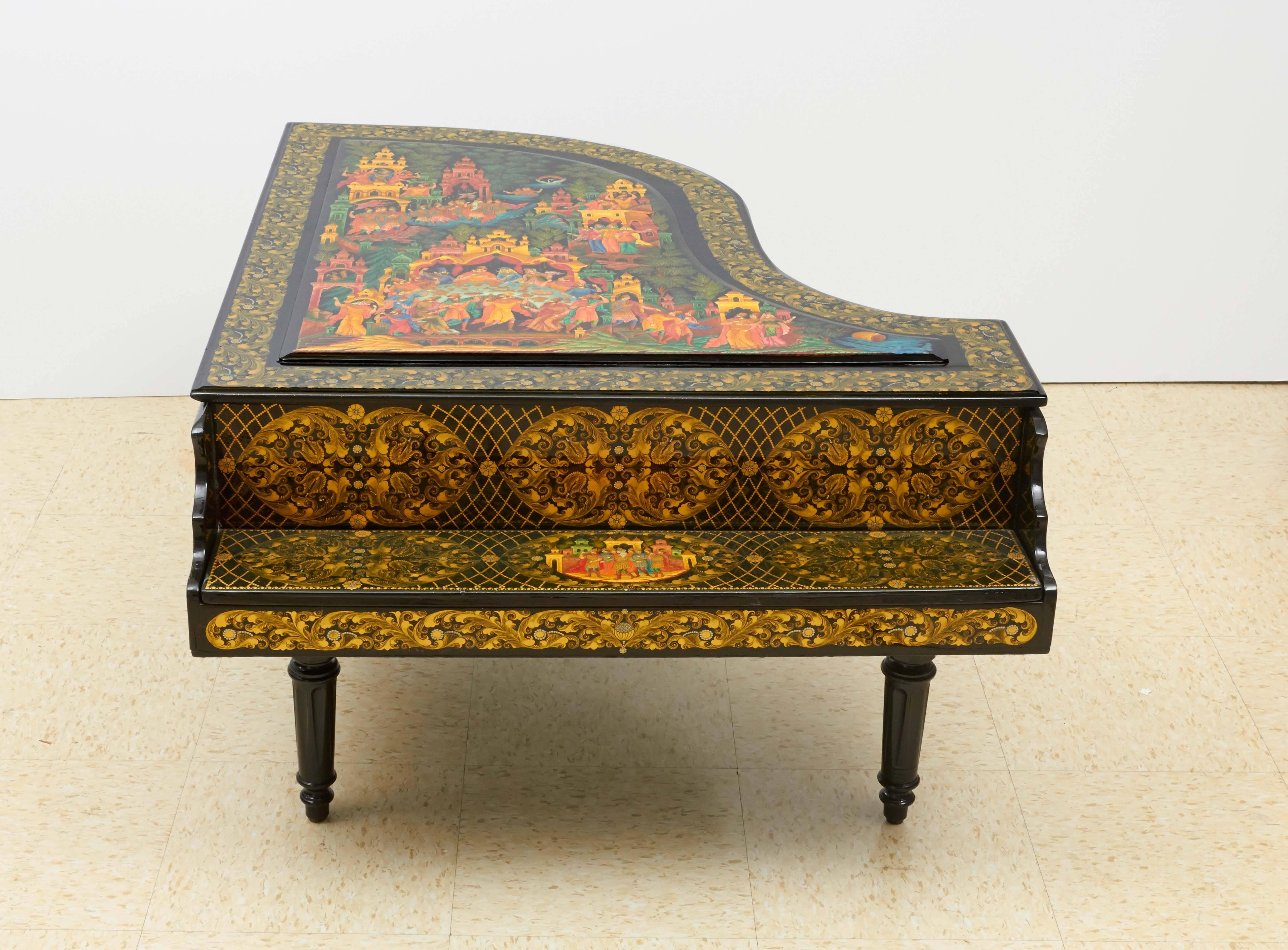 The beautiful wood lacquer box in piano form is hand-painted in oil-paint by a Russian artist from the Palekh village. It has exclusive quality of varnishing and polishing. 

