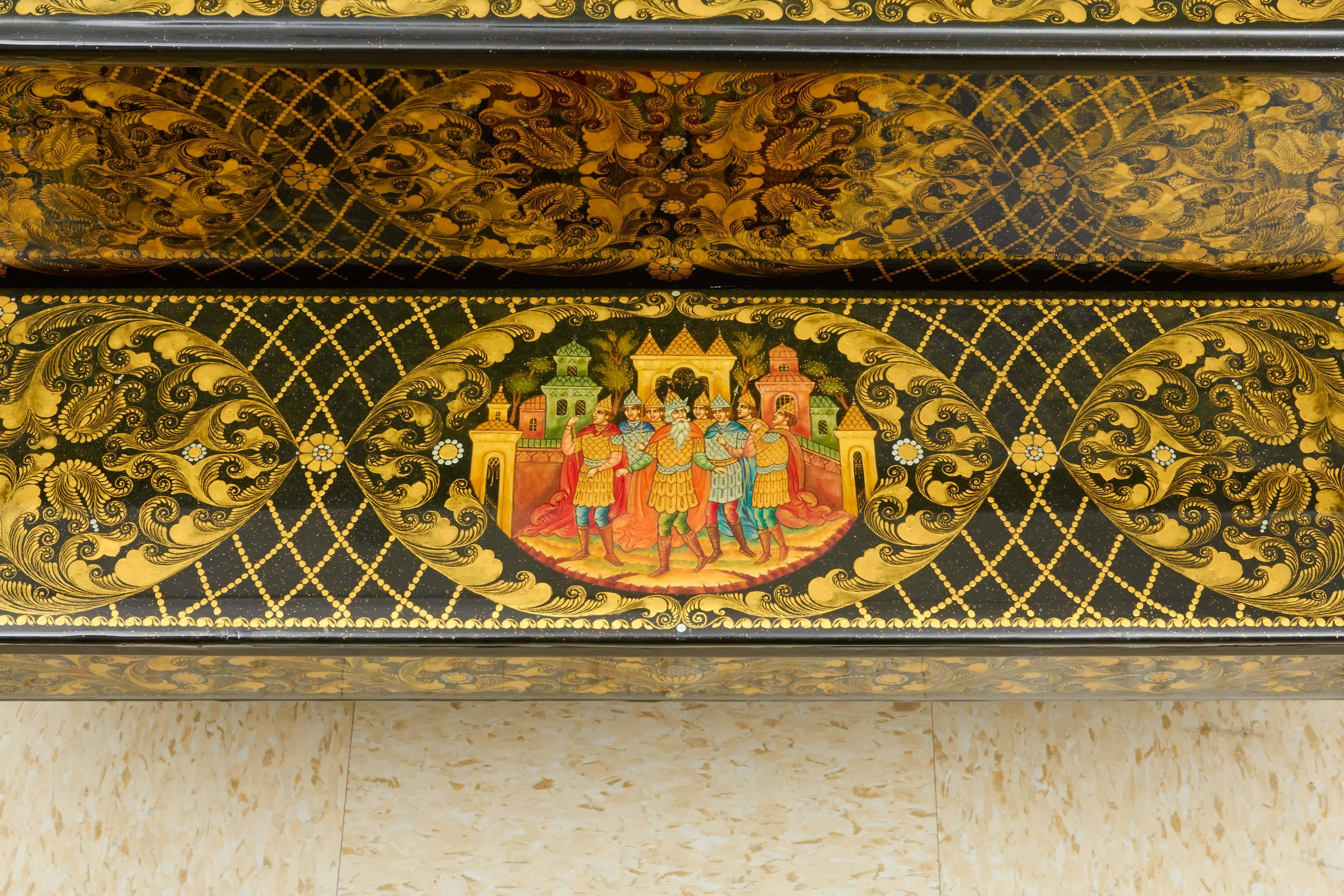 Very Rare & Unusual Russian Lacquer Wood Piano Storage Box Palekh Monumental In Excellent Condition In New York, NY