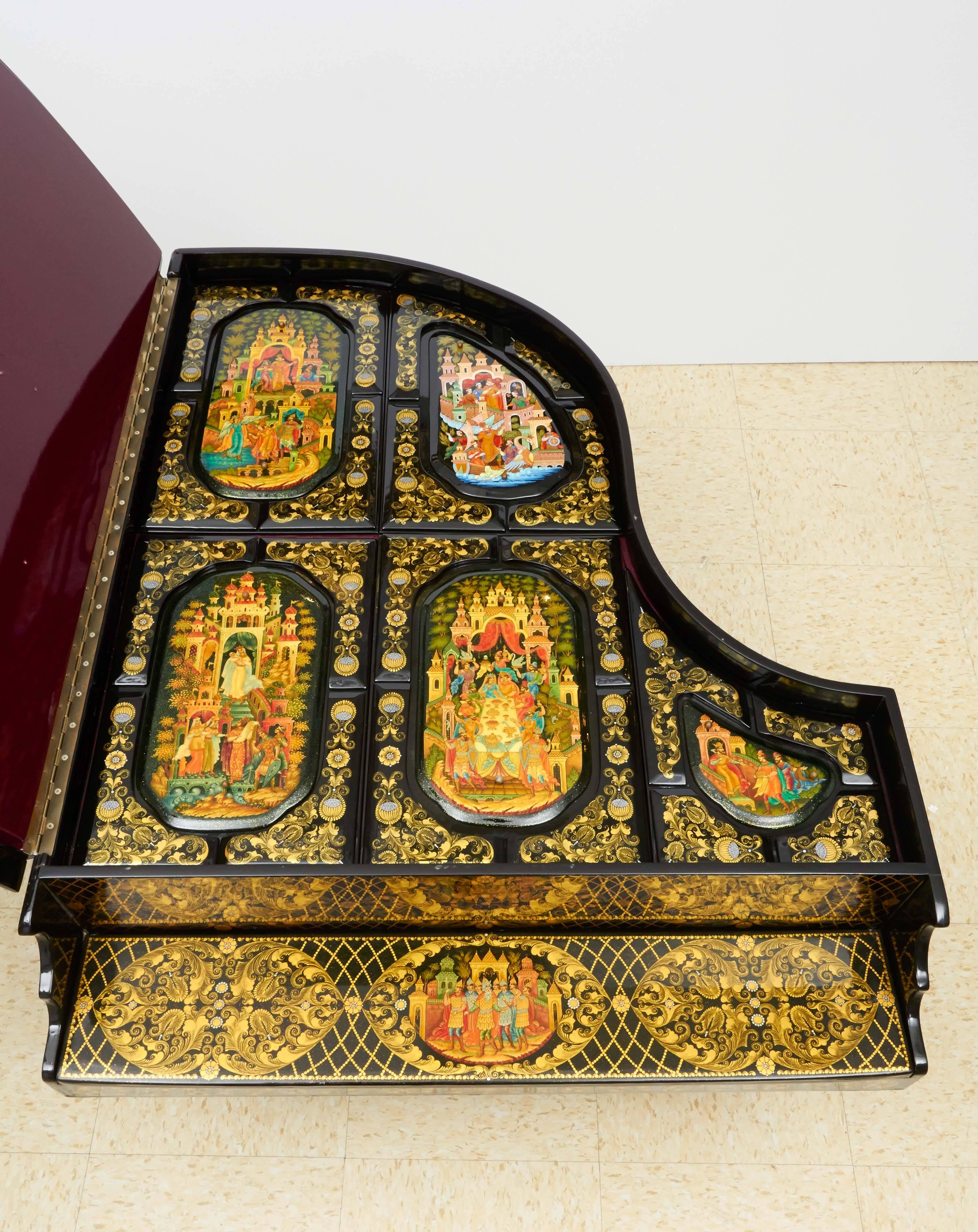 Very Rare & Unusual Russian Lacquer Wood Piano Storage Box Palekh Monumental 3