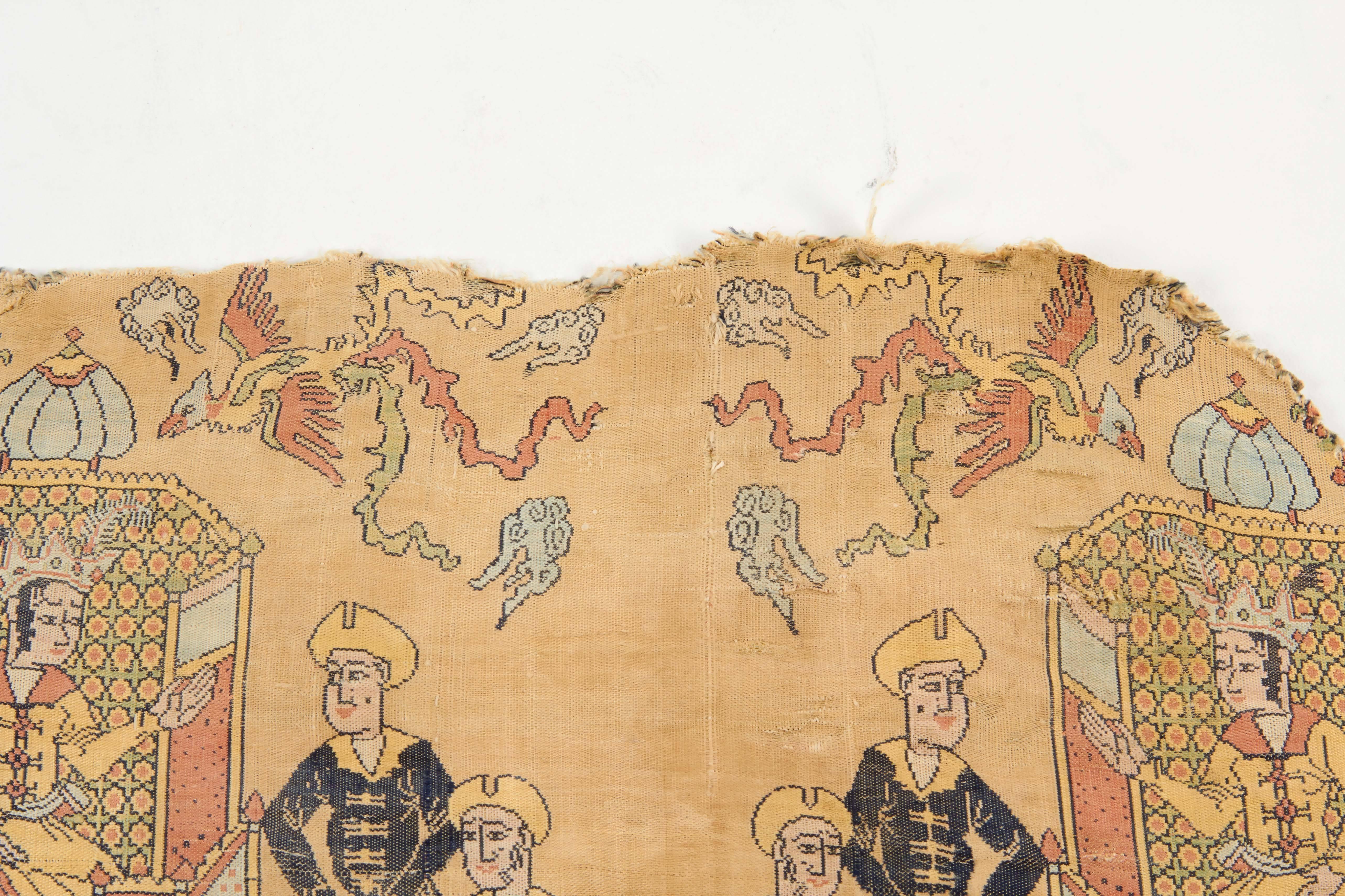 Rare Islamic Persian Safavid Silk Lampas Textile Fragment, Safavid Dynasty 1