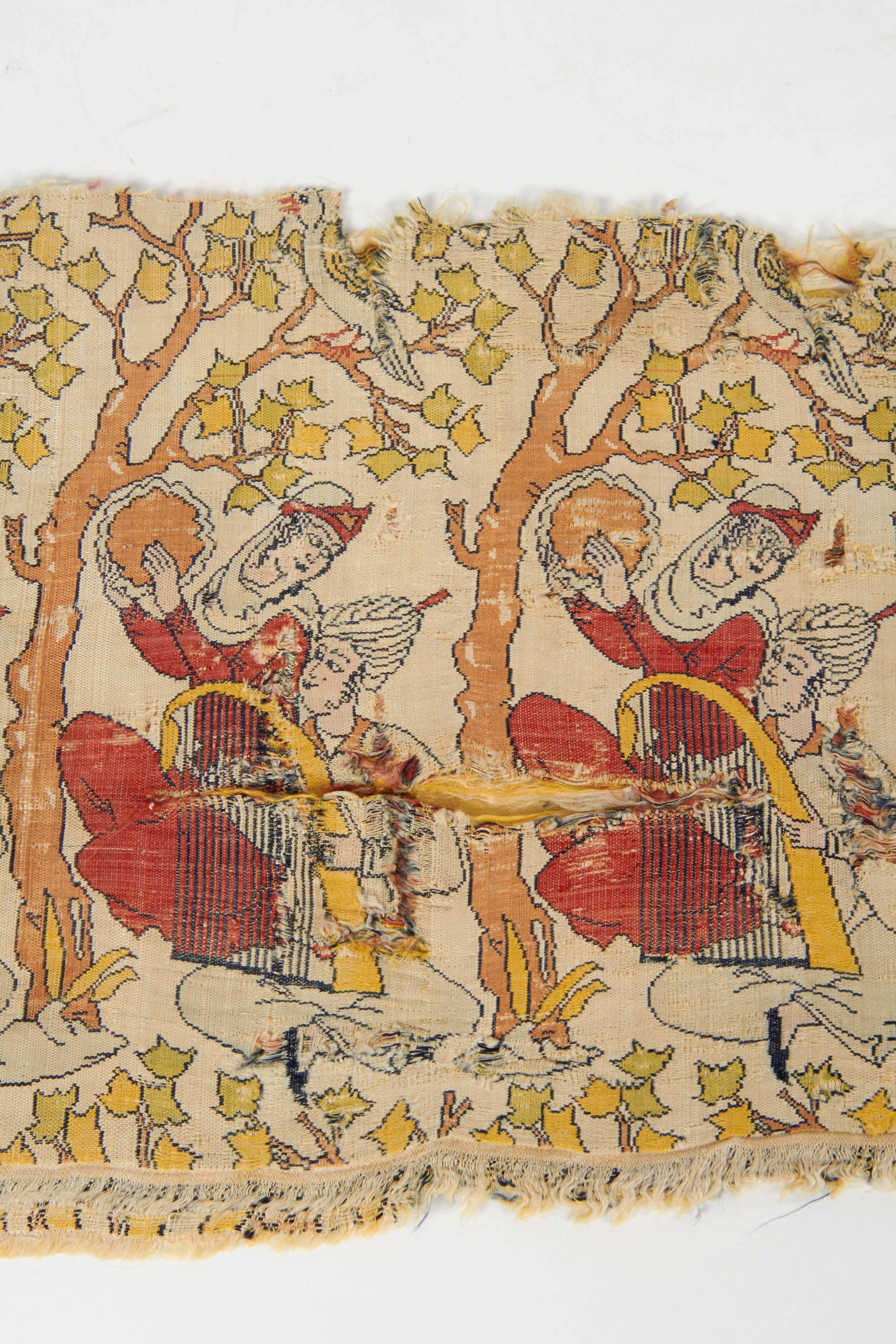 18th Century Rare Islamic Persian Safavid Silk Lampas Textile Fragment, Safavid Dynasty