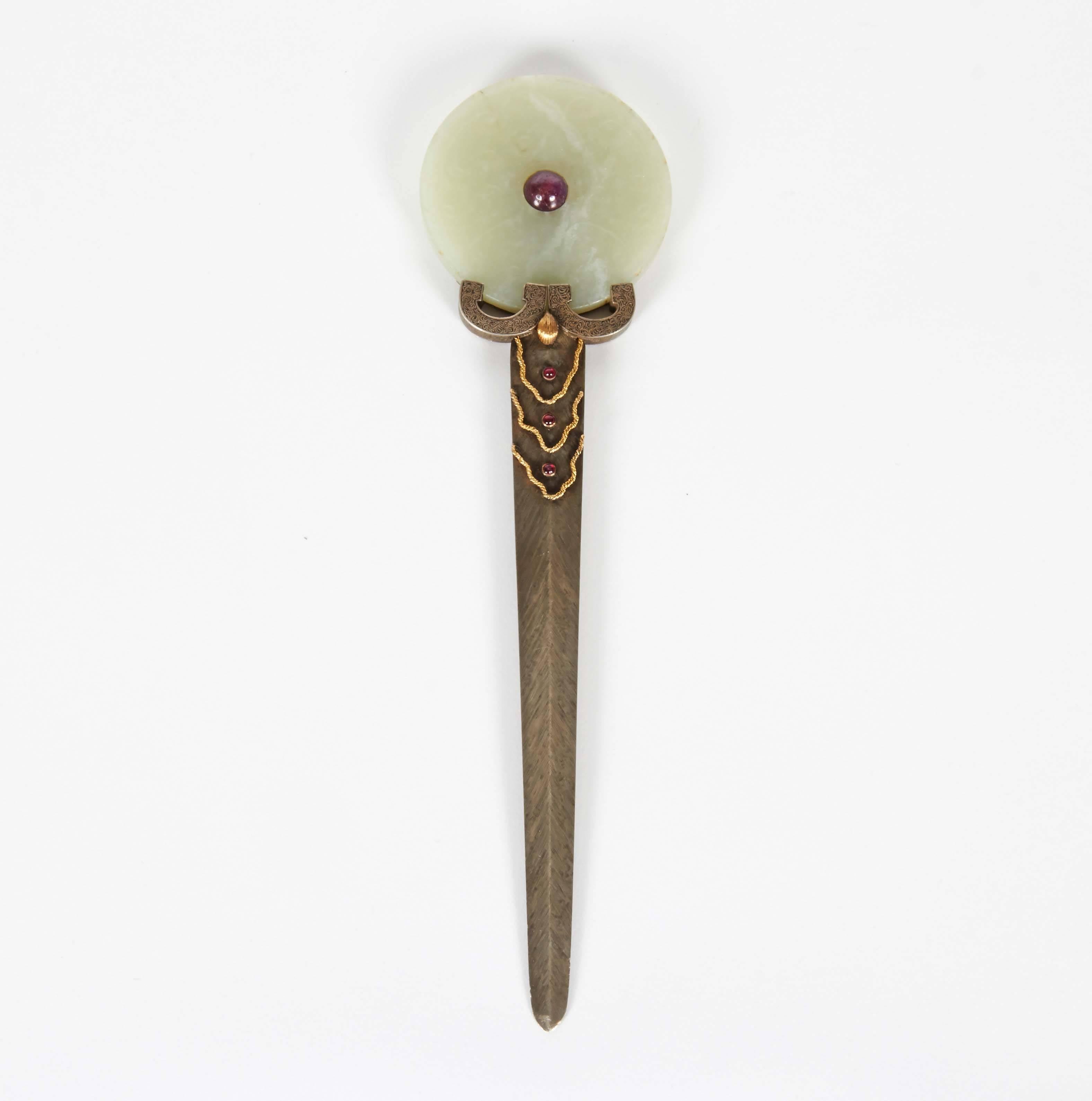 19th Century Italian Silver and Gold Letter Opener with Archaic Chinese Jade & Rubies