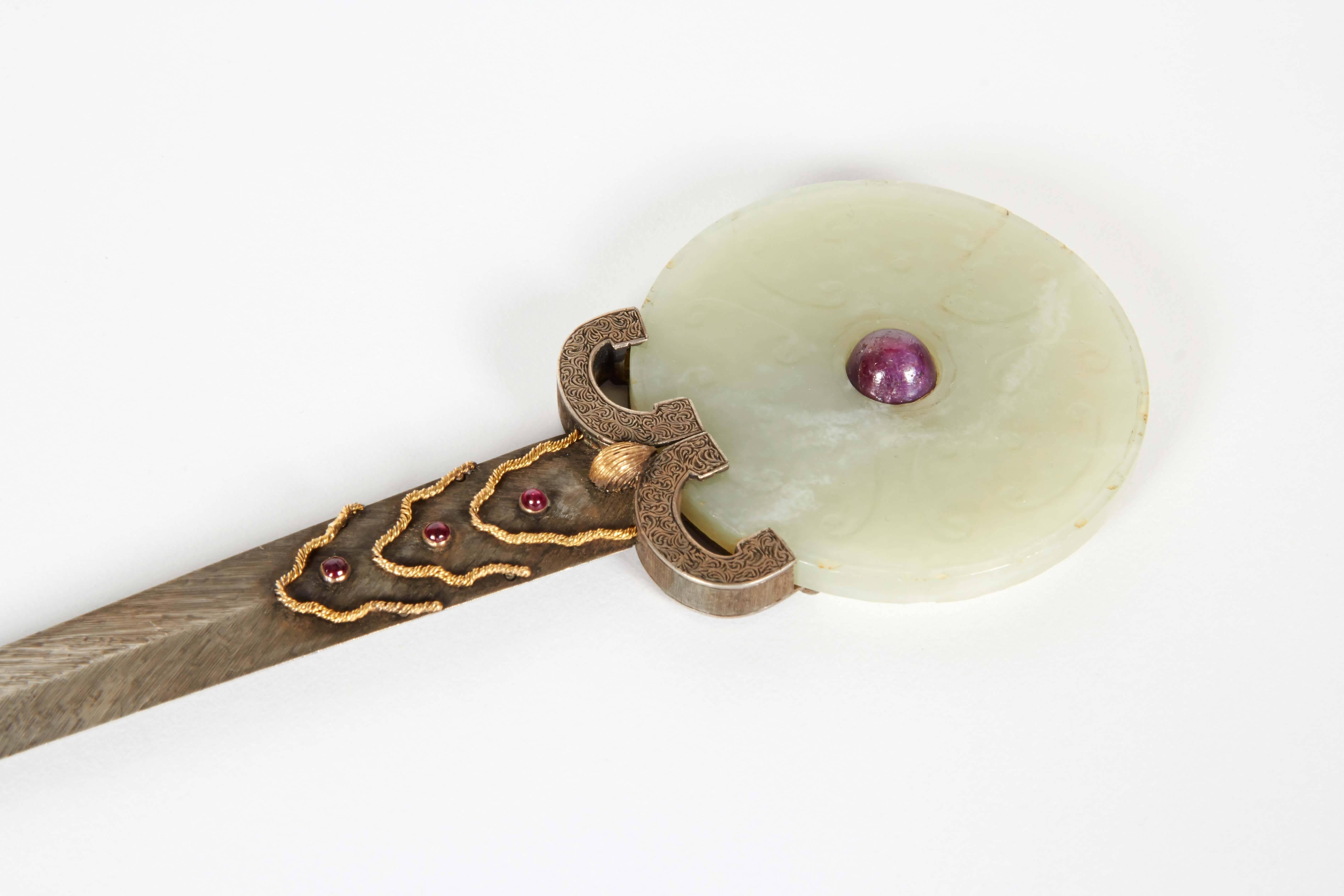 Italian Silver and Gold Letter Opener with Archaic Chinese Jade & Rubies 1
