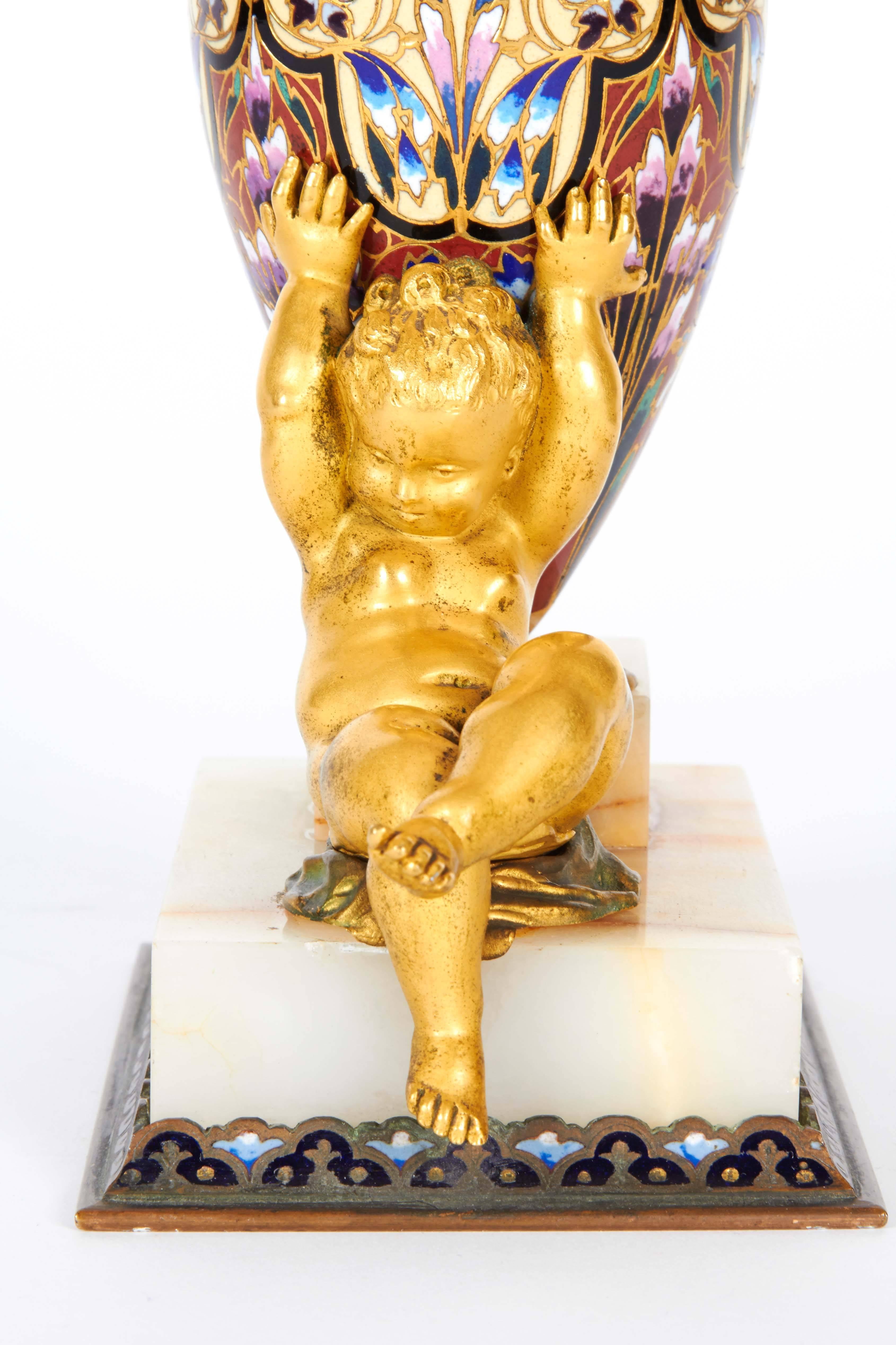 French Ormolu Onyx and Champlevé Cloisonné Enamel Bud Vase with Cherub In Excellent Condition In New York, NY