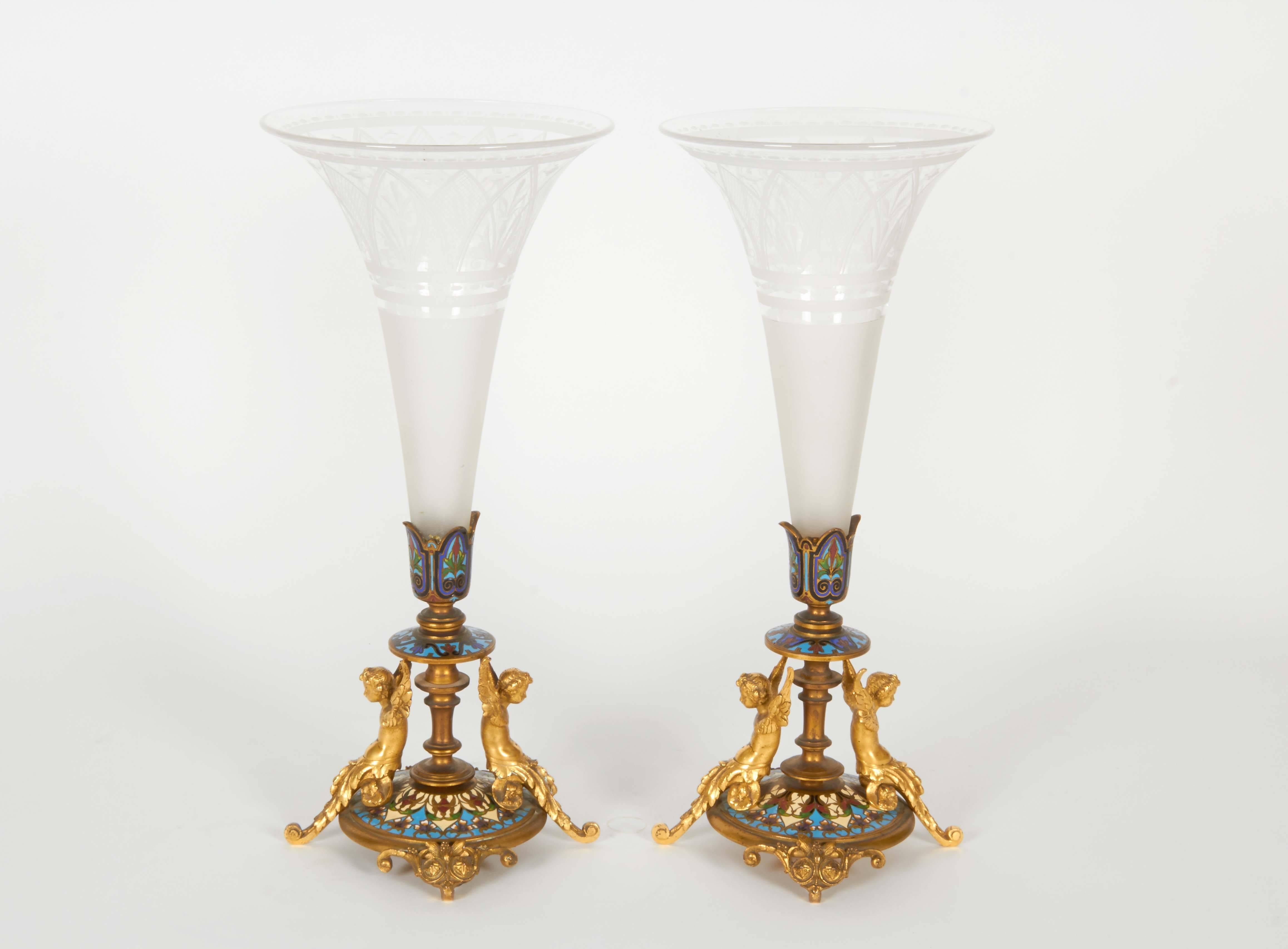 Pair of French Ormolu and Champleve Cloisonne Enamel Frosted Glass Trumpet Vases In Excellent Condition In New York, NY