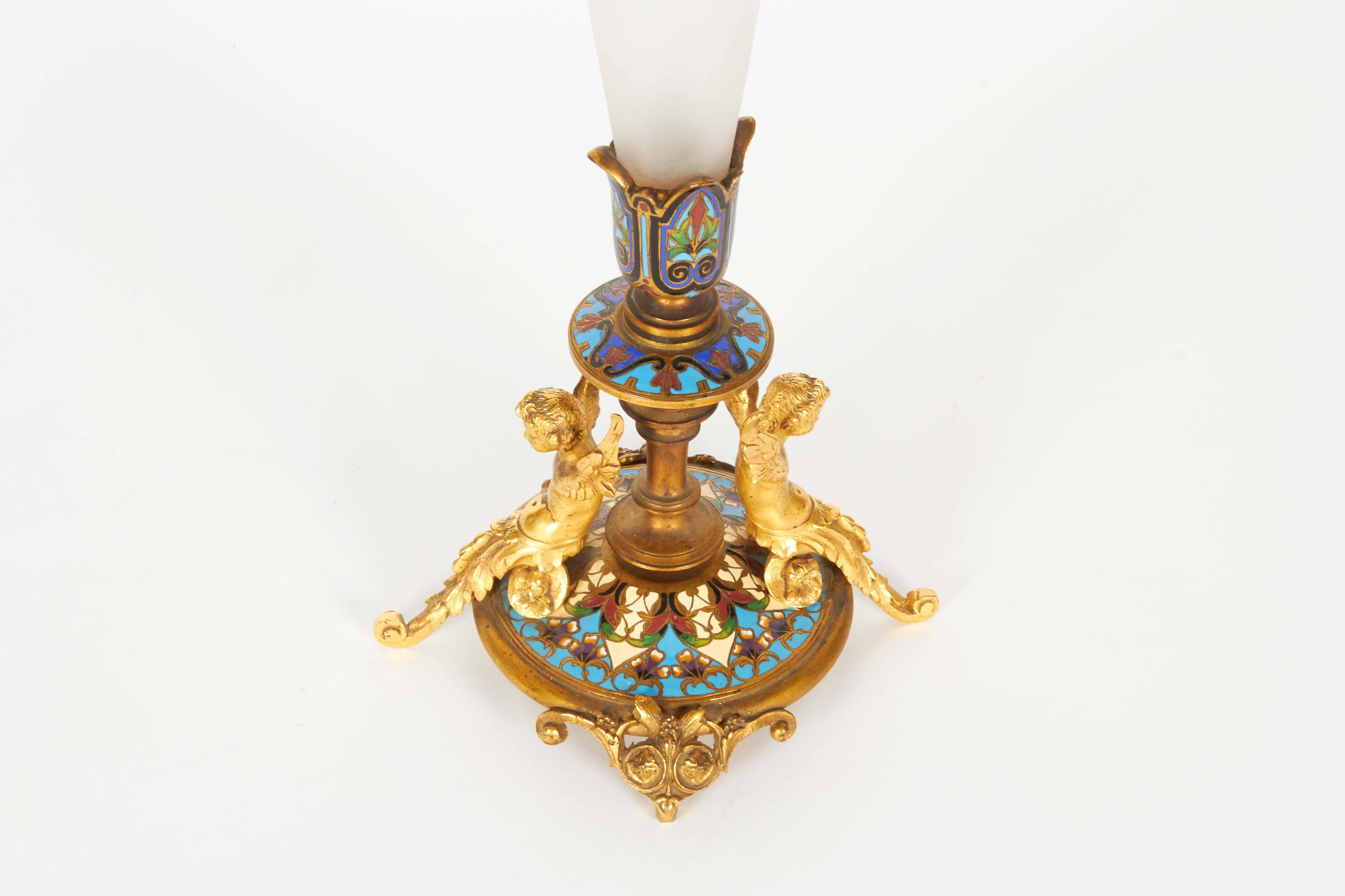 19th Century Pair of French Ormolu and Champleve Cloisonne Enamel Frosted Glass Trumpet Vases