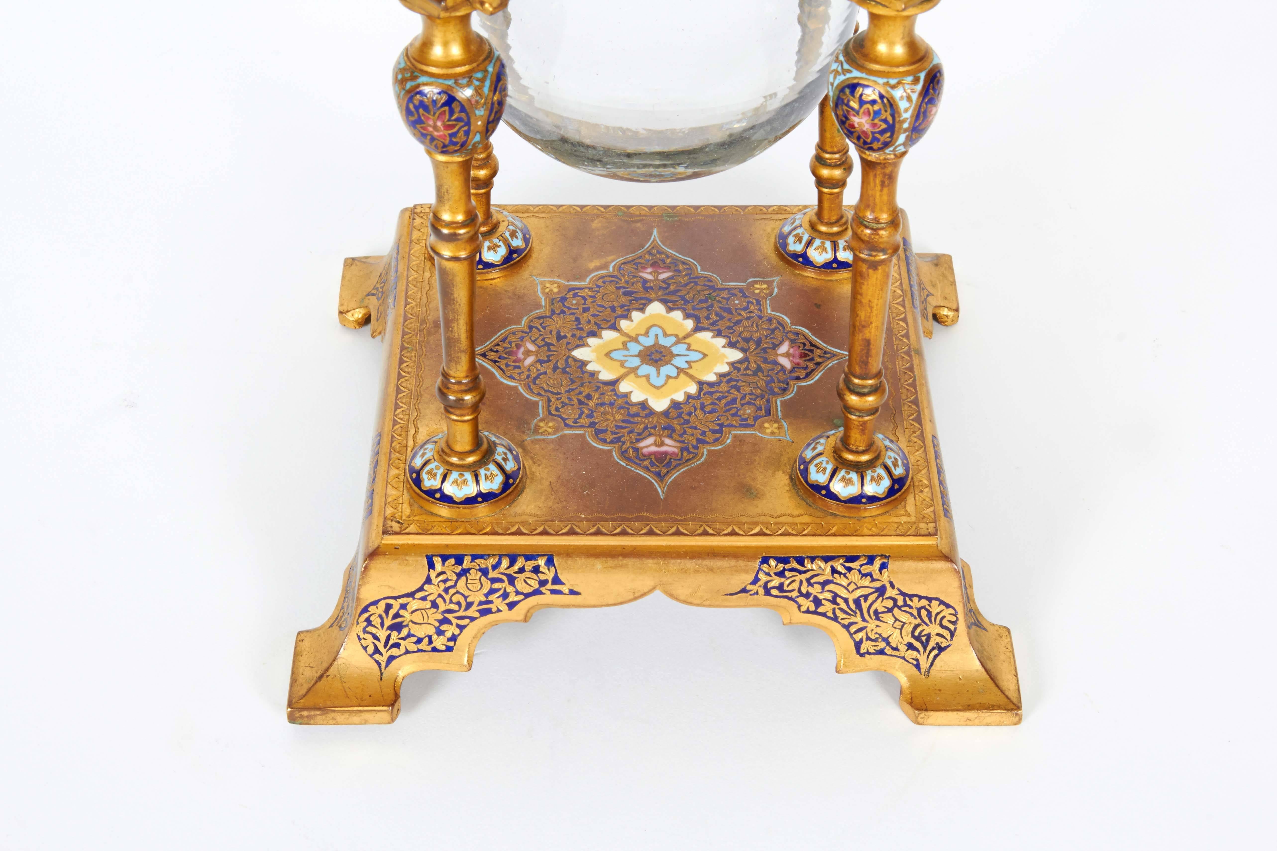 French Ormolu and Champleve Cloisonne Enamel Glass Candle Holder Moorish Style In Excellent Condition In New York, NY