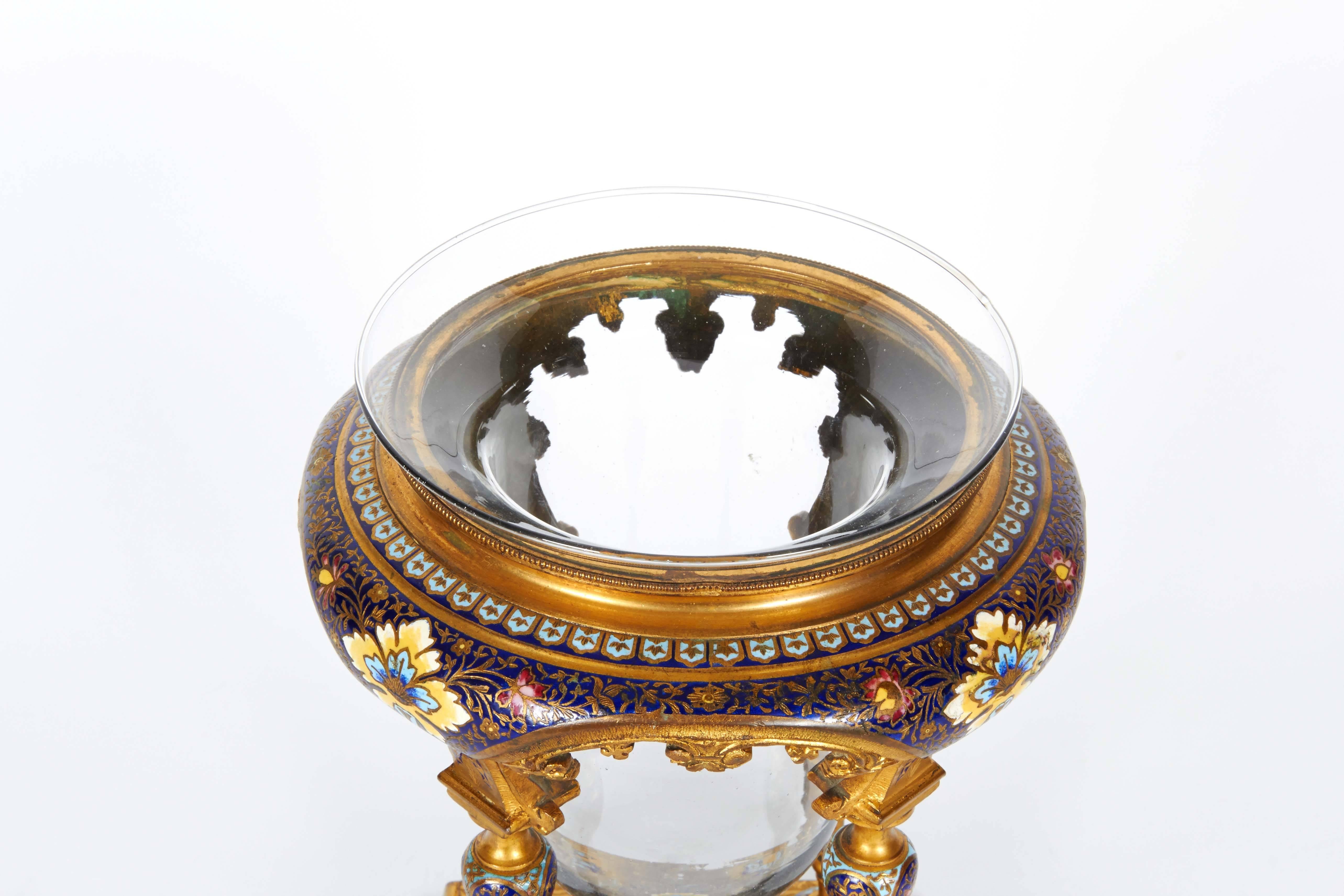 19th Century French Ormolu and Champleve Cloisonne Enamel Glass Candle Holder Moorish Style