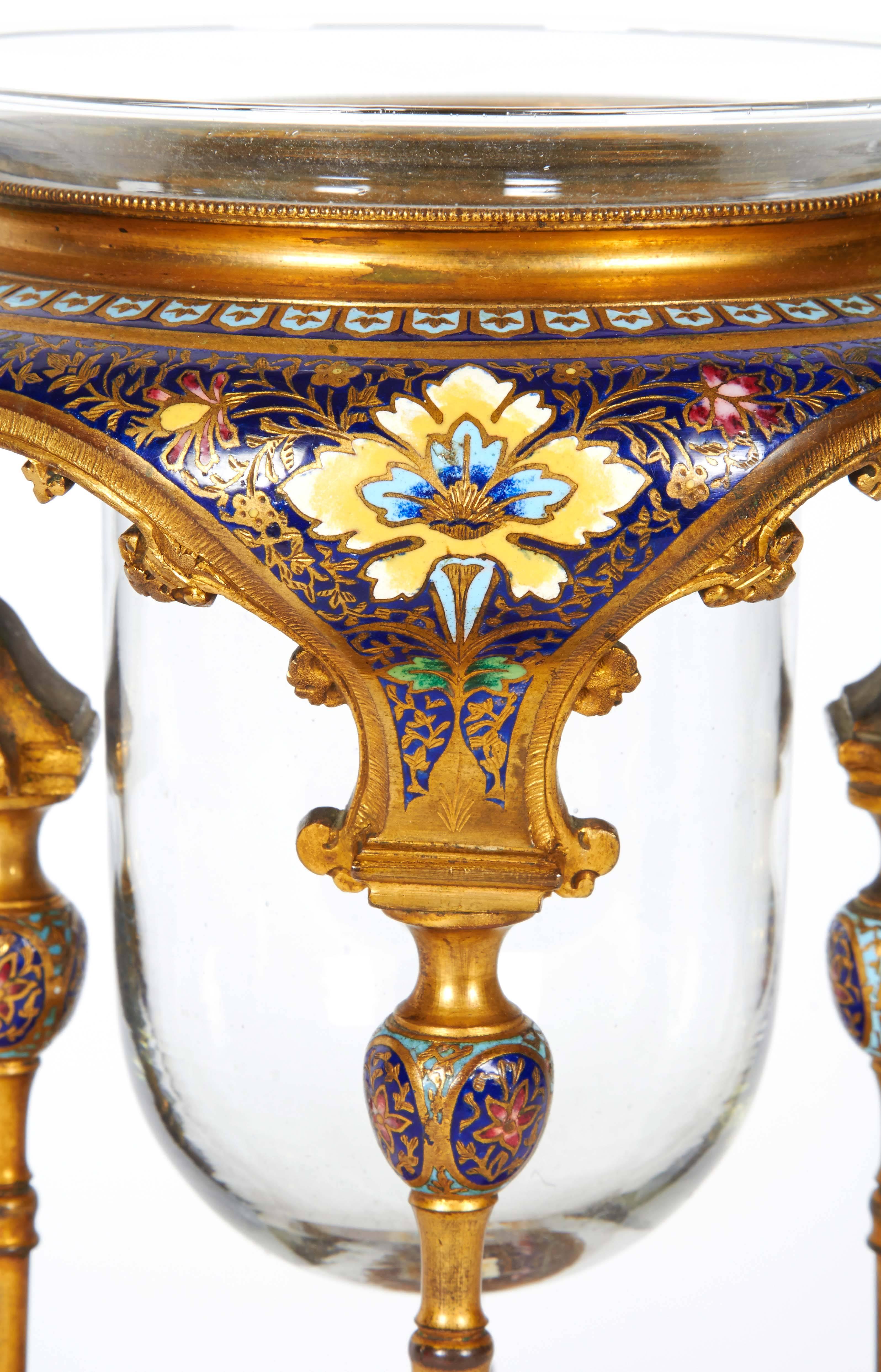 Bronze French Ormolu and Champleve Cloisonne Enamel Glass Candle Holder Moorish Style