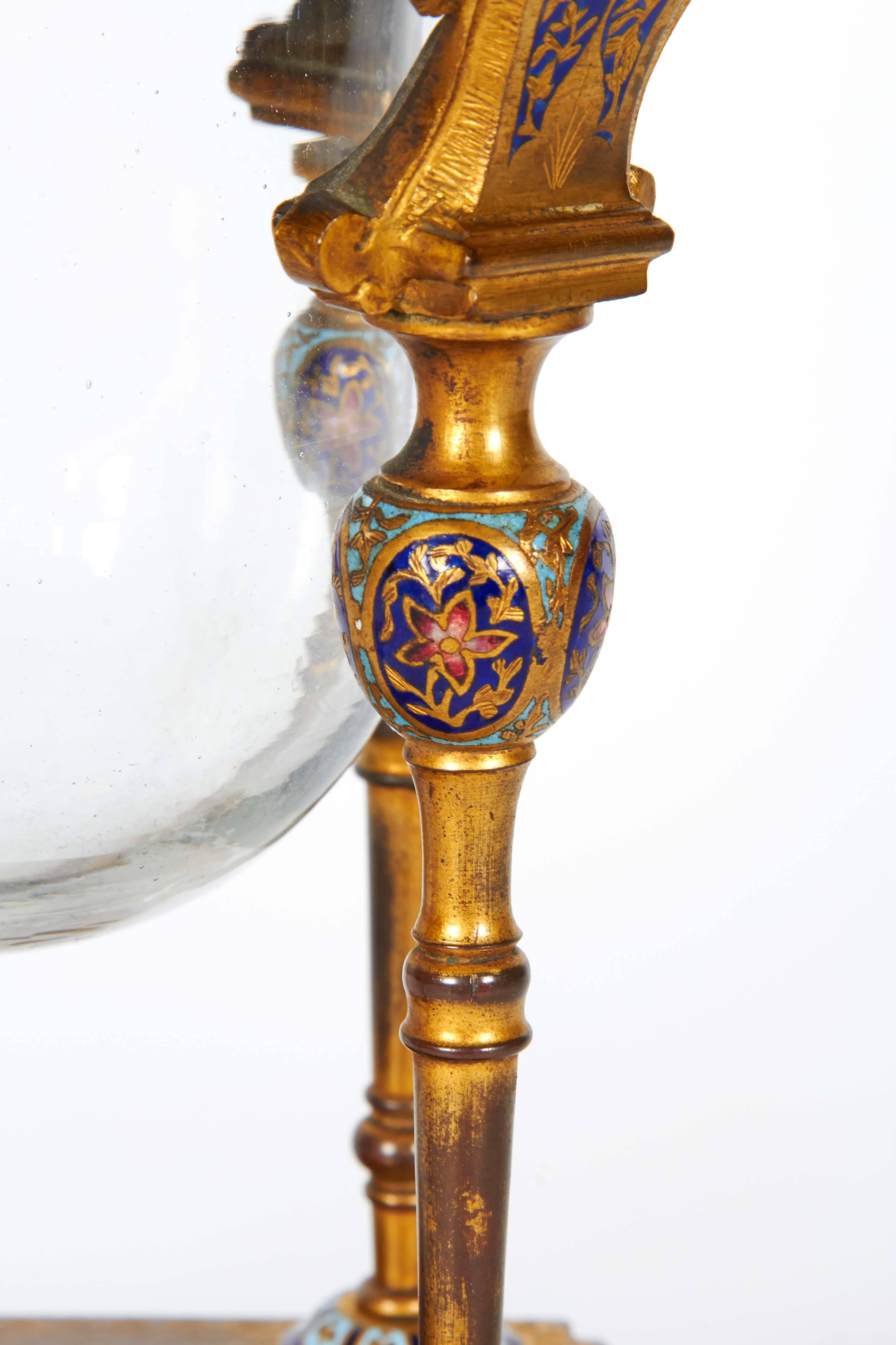 French Ormolu and Champleve Cloisonne Enamel Glass Candle Holder Moorish Style 2