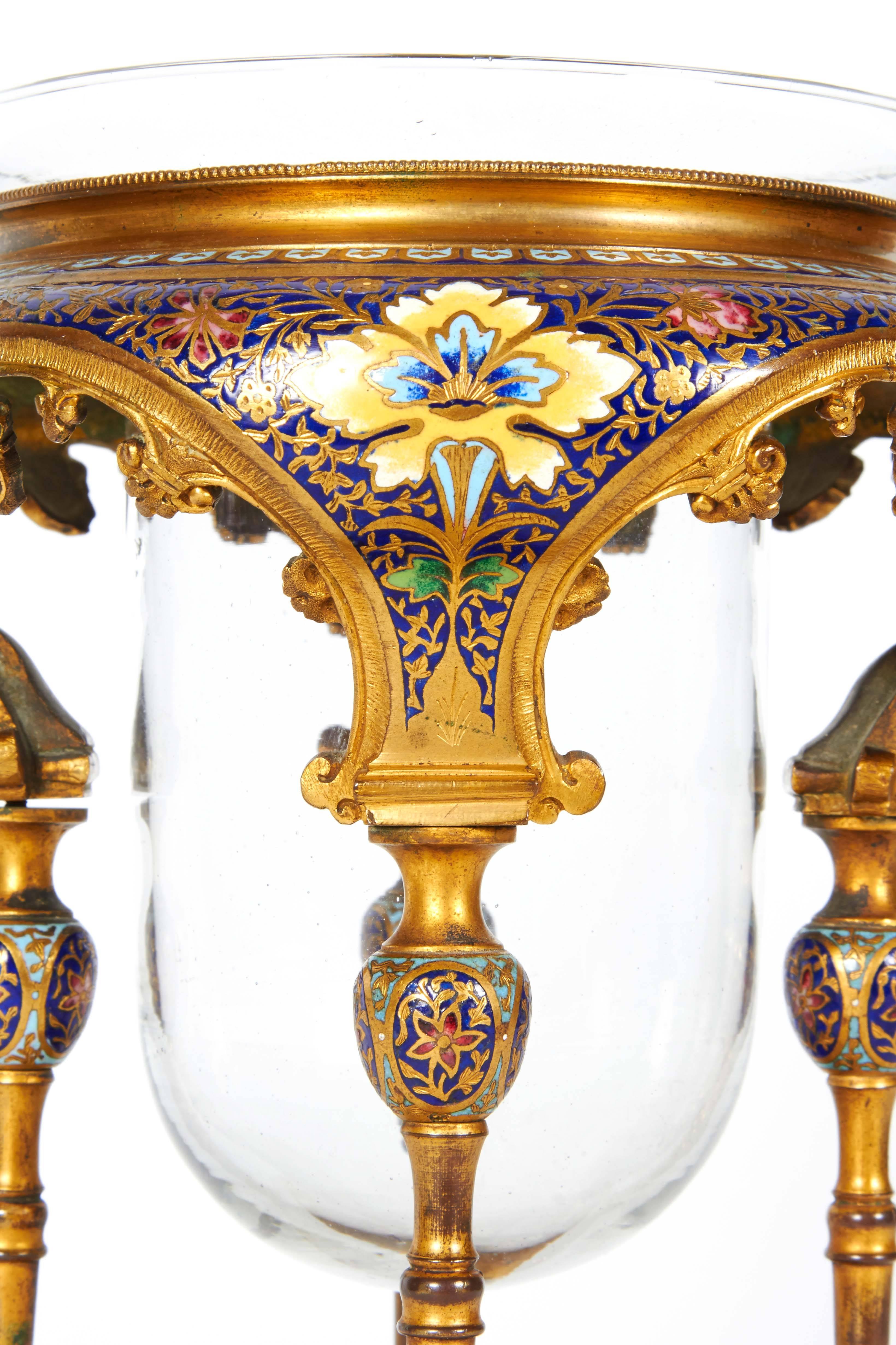 French Ormolu and Champleve Cloisonne Enamel Glass Candle Holder Moorish Style 4