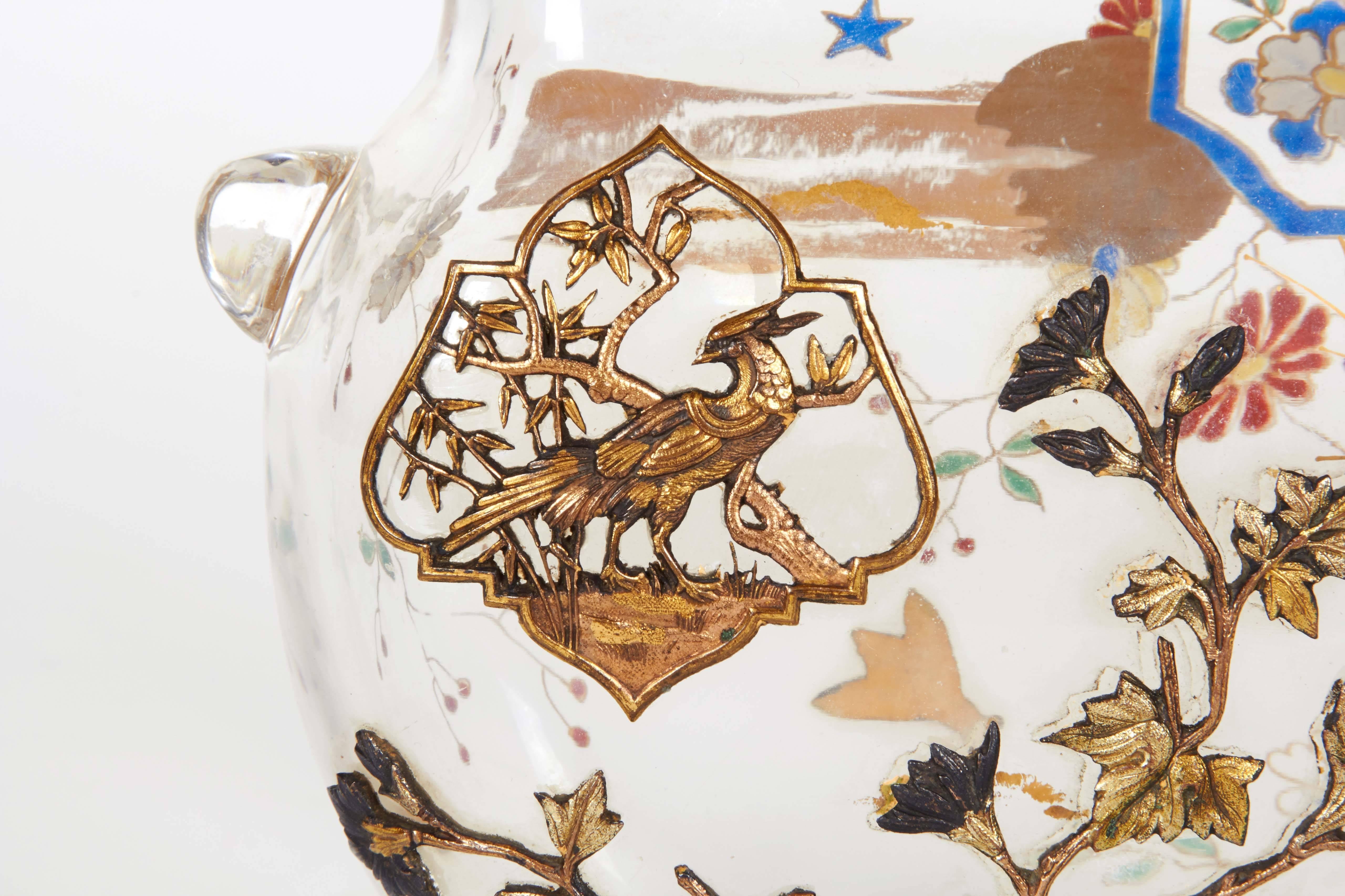French Japonisme Ormolu-Mounted Art Enameled Glass Vase Alphonse Giroux Duvinage 3