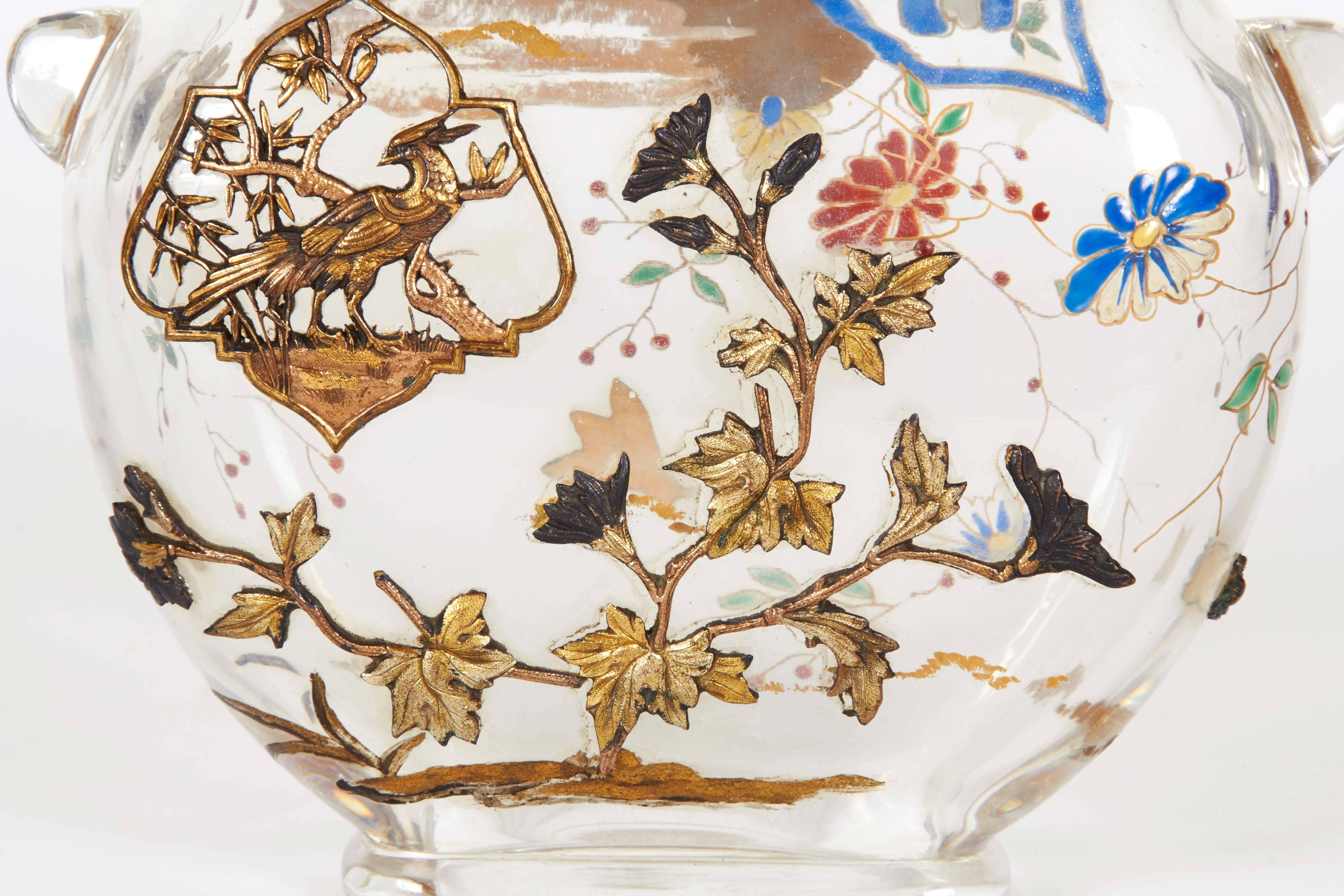 French Japonisme Ormolu-Mounted Art Enameled Glass Vase Alphonse Giroux Duvinage 4