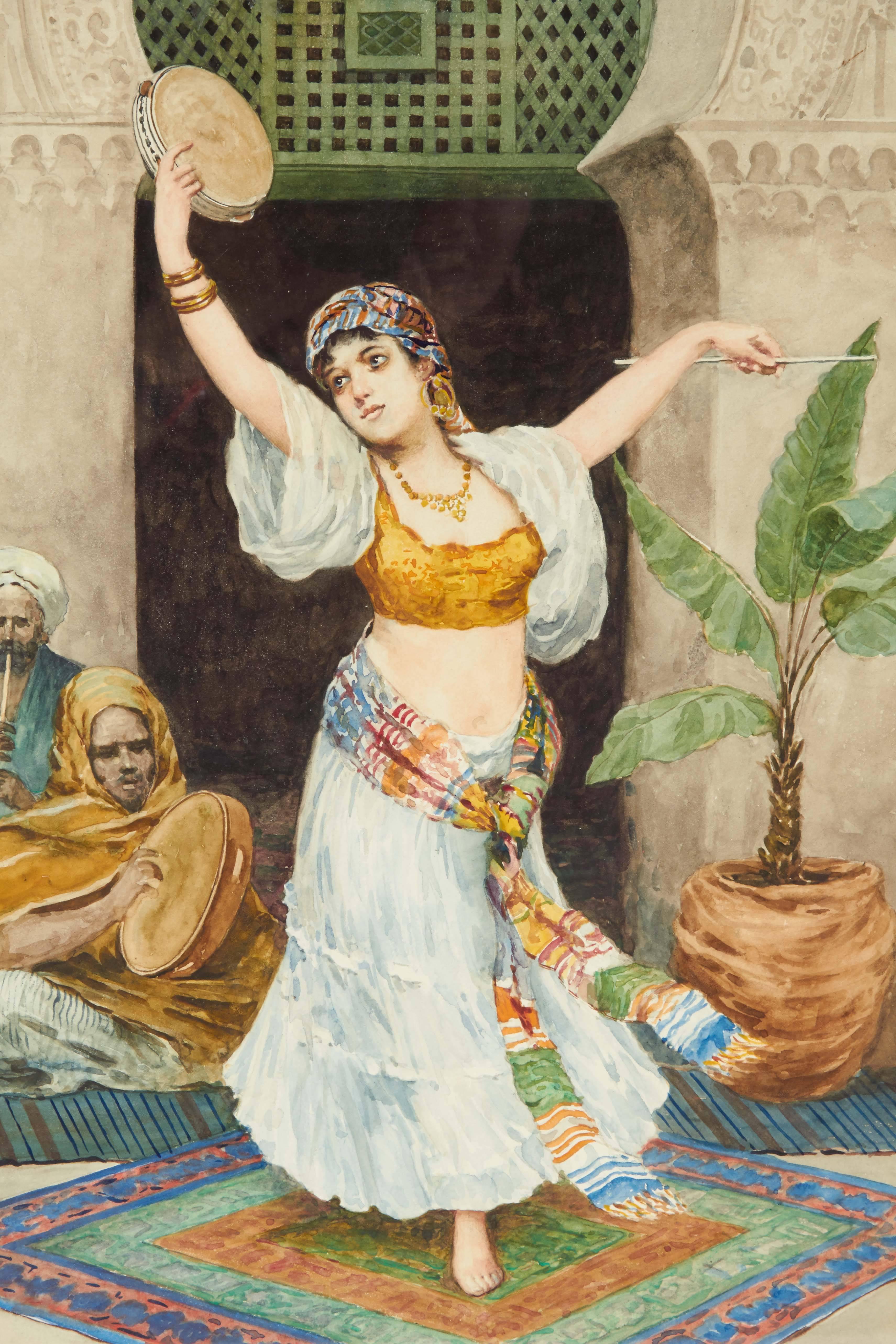 Fabio Fabbi (Italian, 1861-1946), 

The Tambourine Dance;

gouache and watercolor, 

signed lower right, 

sight: 16.5 H x 11 W, overall (with frame): 22; H x 15; W.