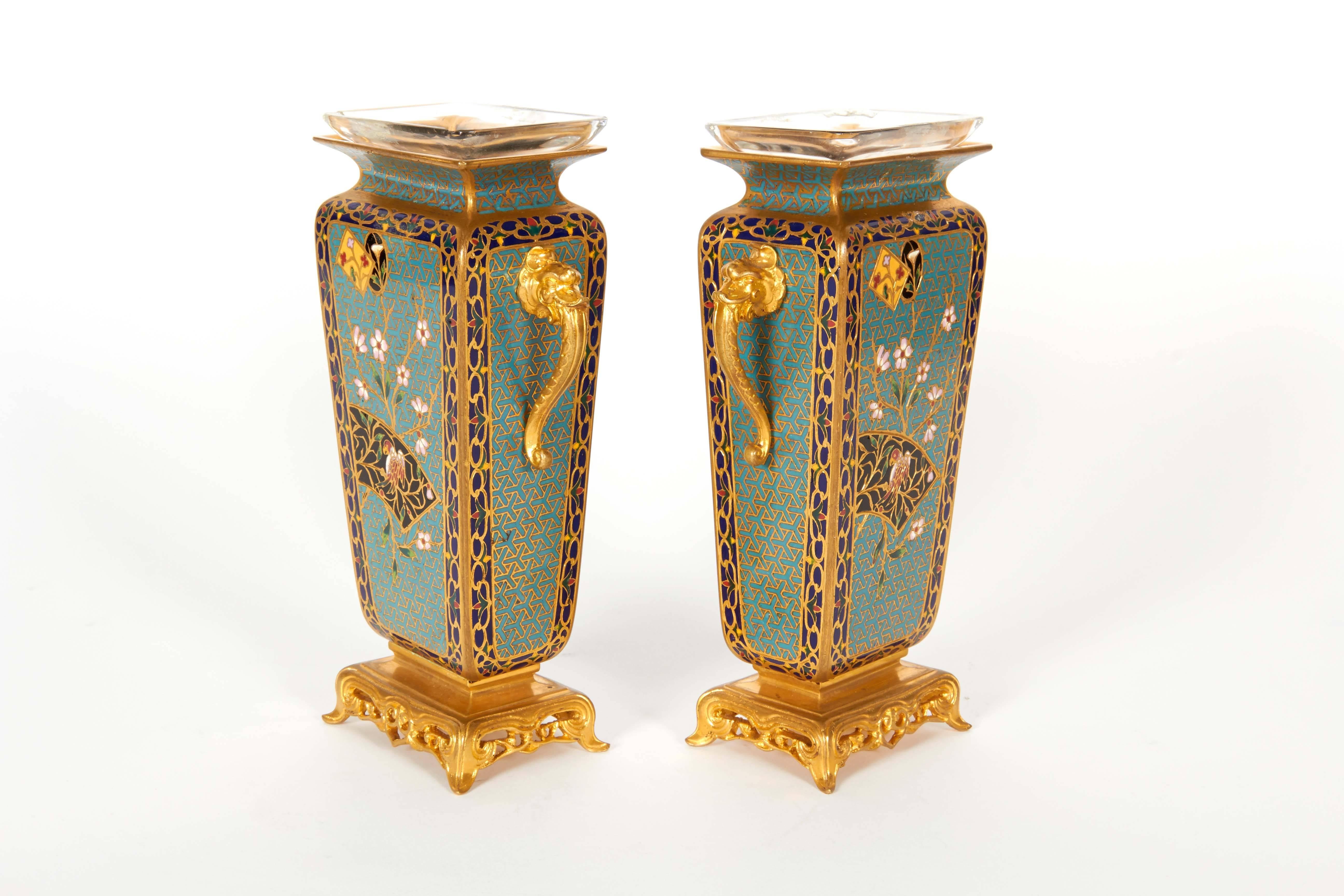 Bronze Pair of French Japonisme Ormolu and Champlevé Cloisonné Enamel Vases