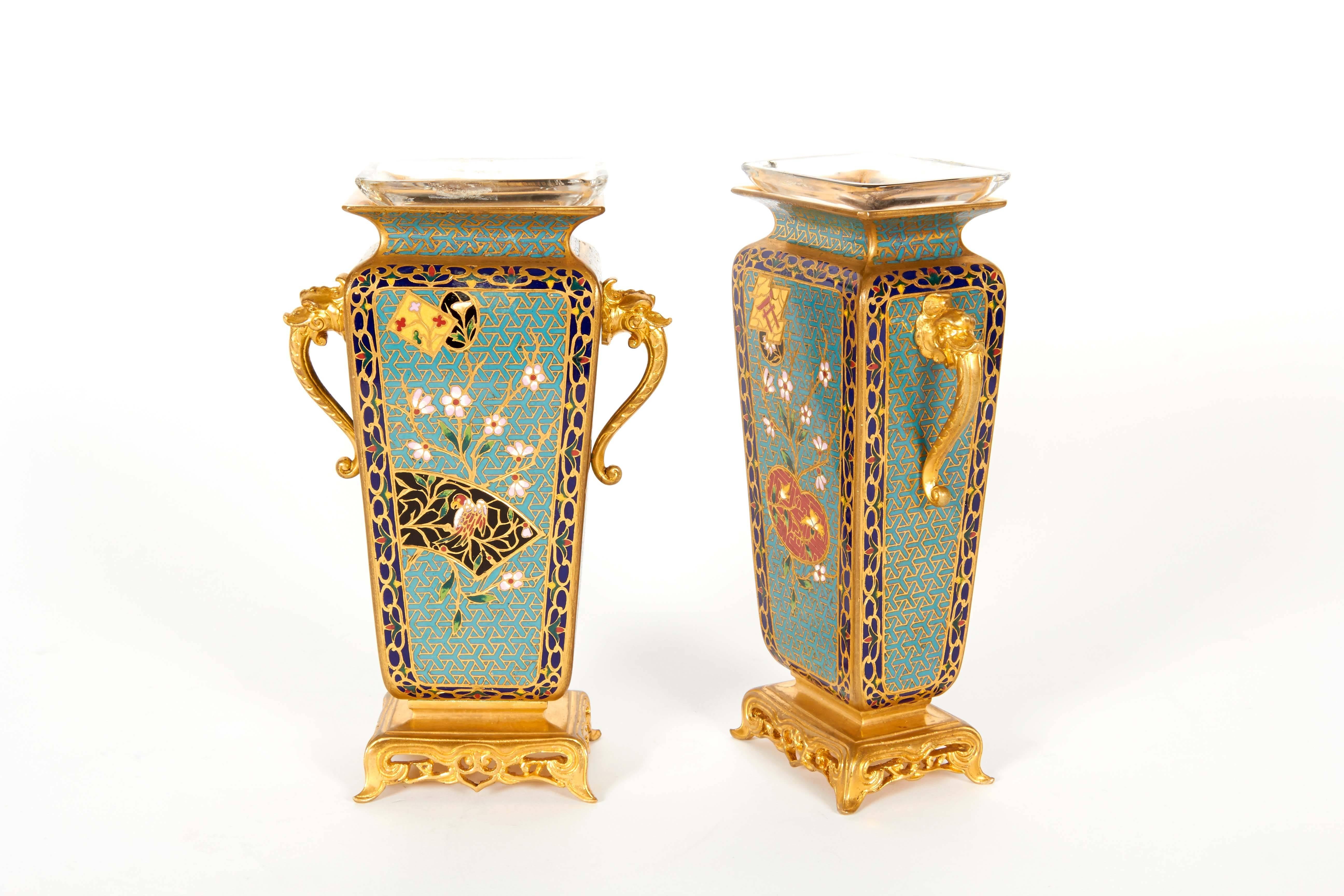 Pair of French Japonisme Ormolu and Champlevé Cloisonné Enamel Vases 3