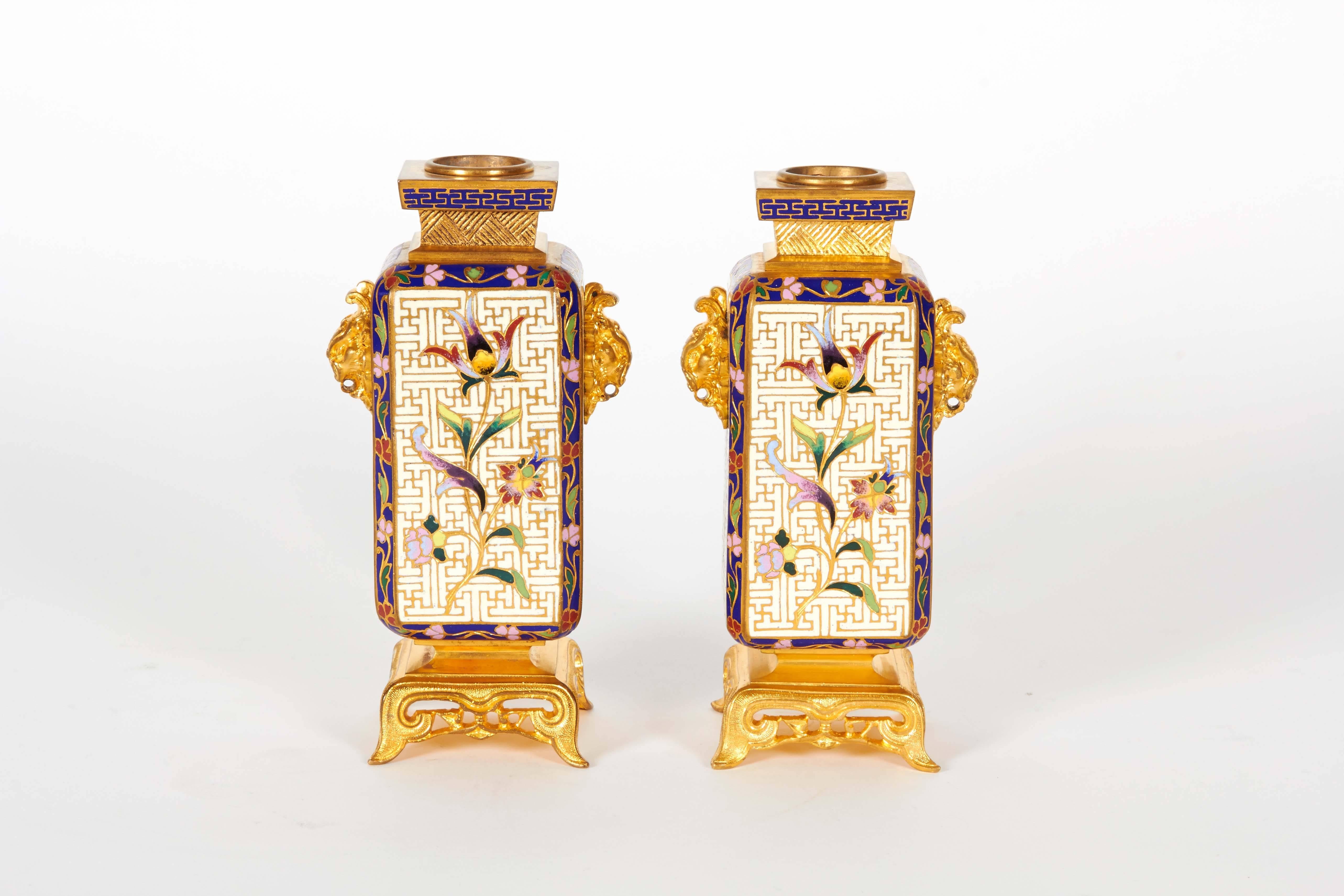 A magnificent pair of French ormolu and champlevé / cloisonné enamel vases. Superb quality. Attributed to Ferdinand Barbedienne.