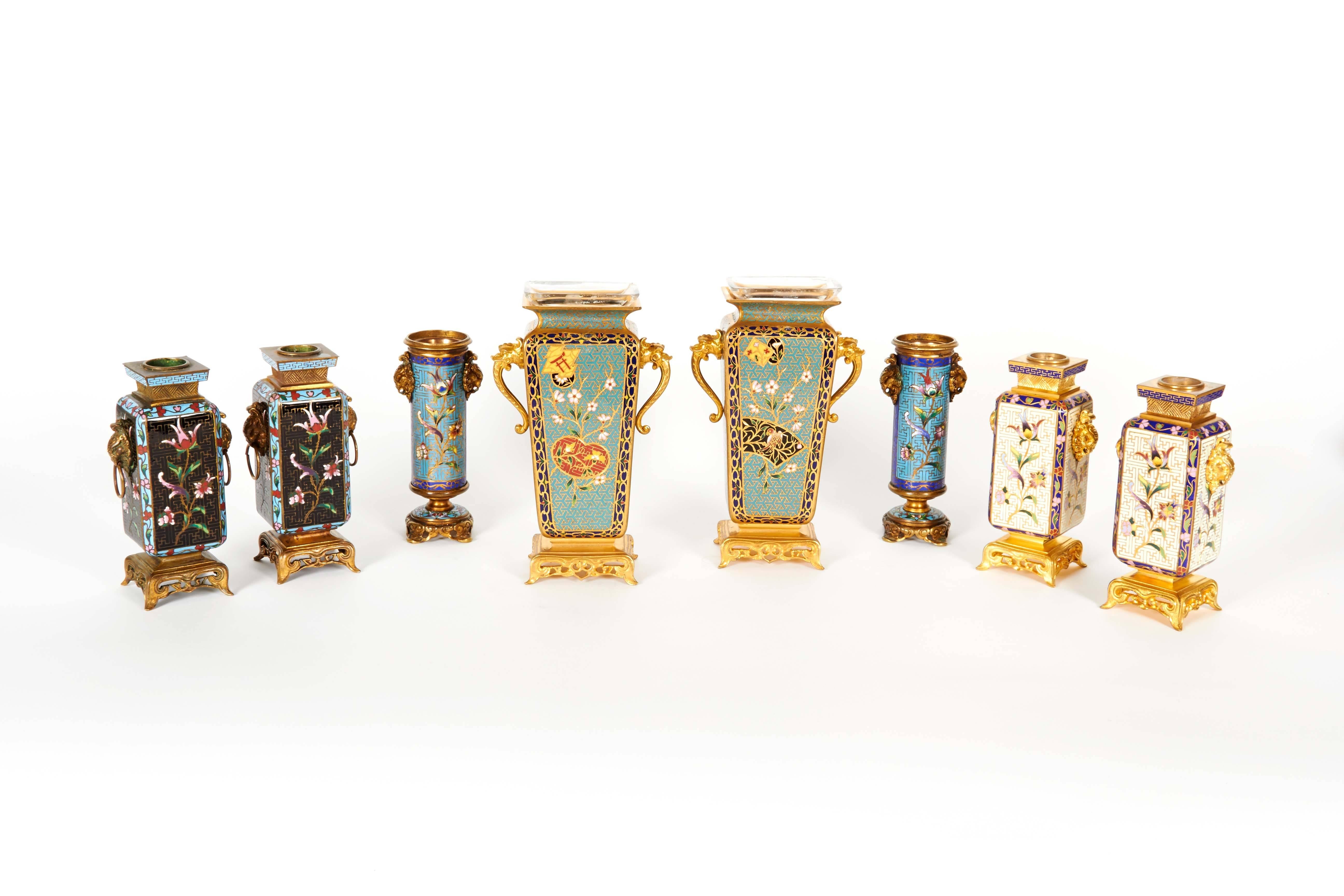 Pair of French Japonisme Ormolu and Champlevé Cloisonné Enamel Vases In Excellent Condition In New York, NY