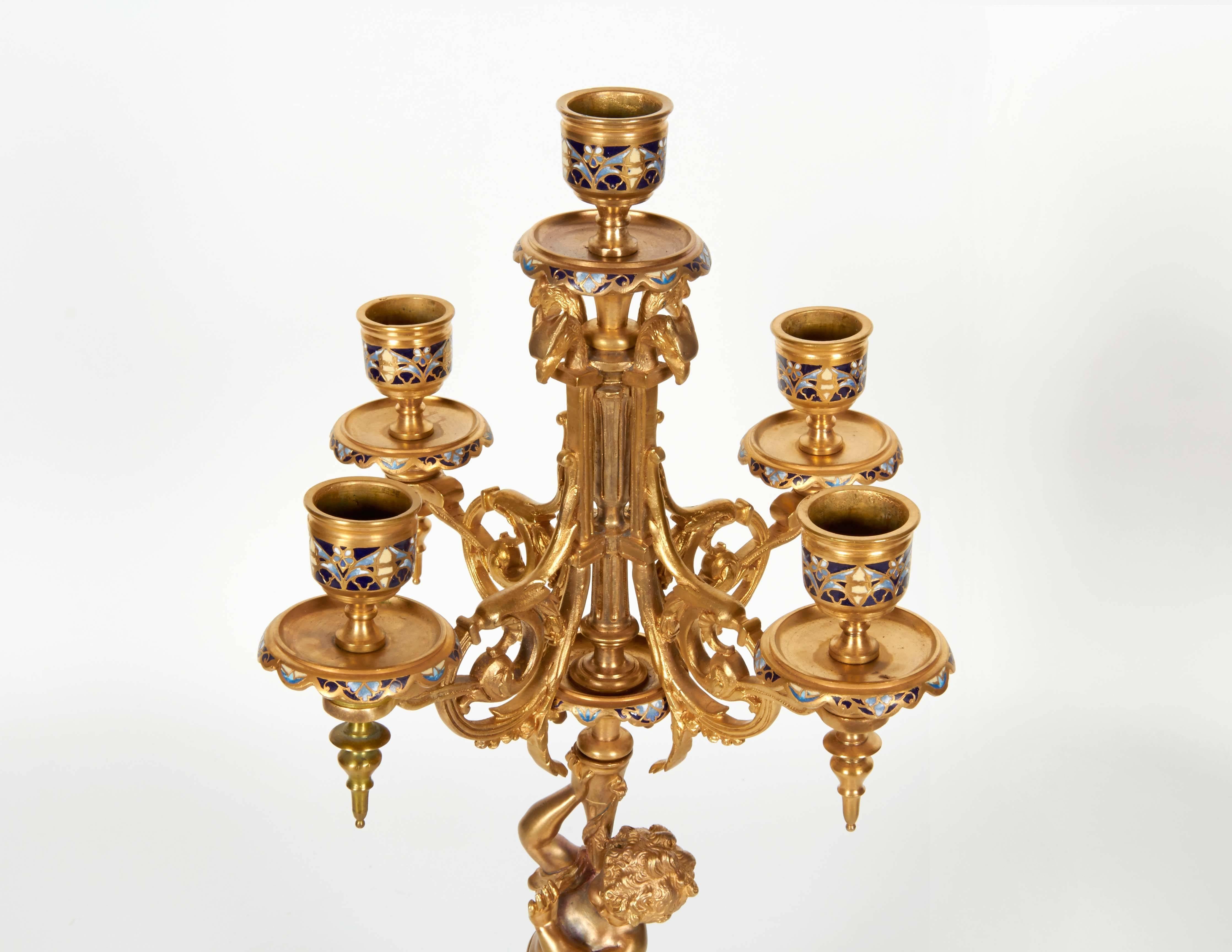 Pair of French Ormolu and Champleve Cloisonne Enamel Candelabra 3