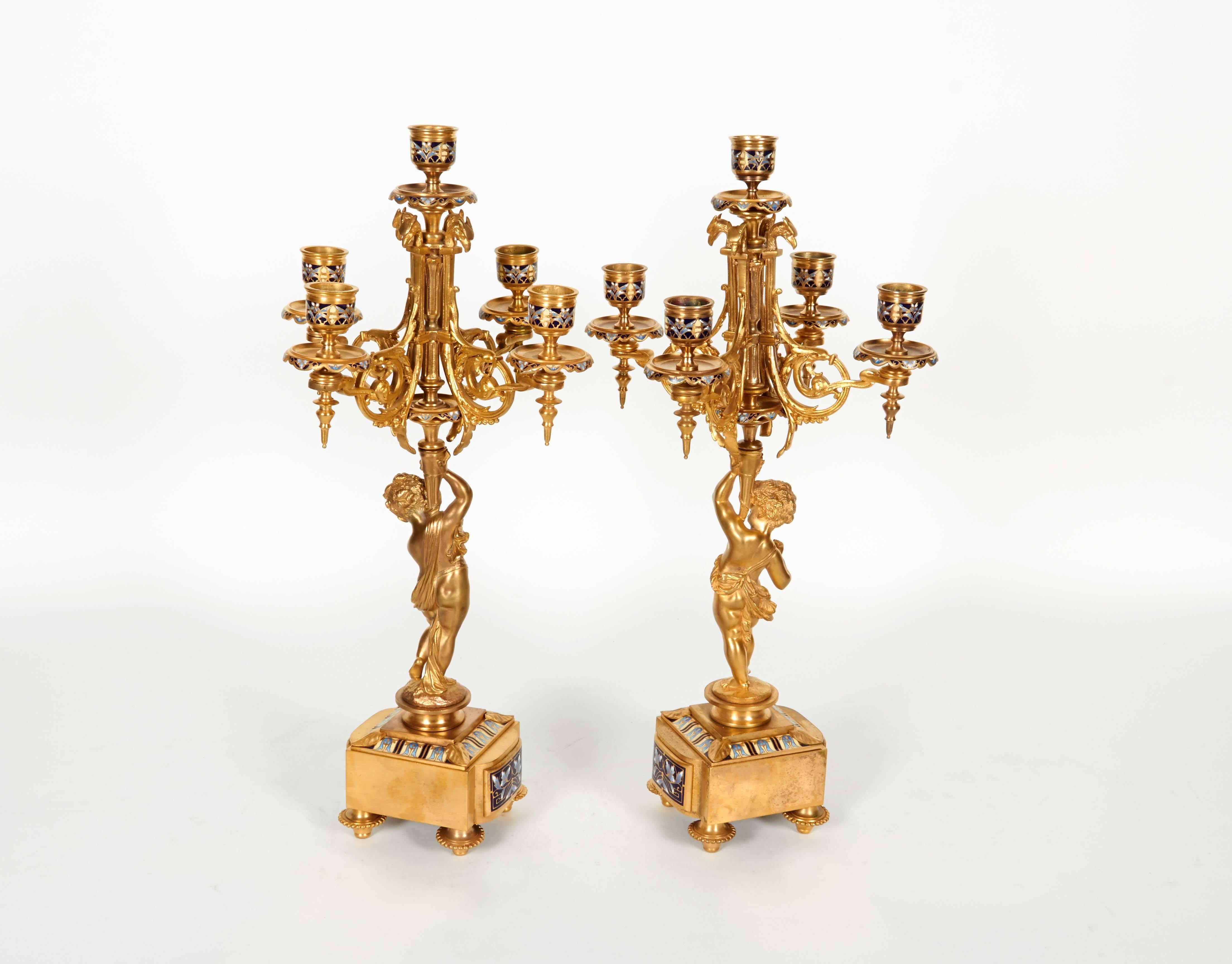 Pair of French Ormolu and Champleve Cloisonne Enamel Candelabra 4