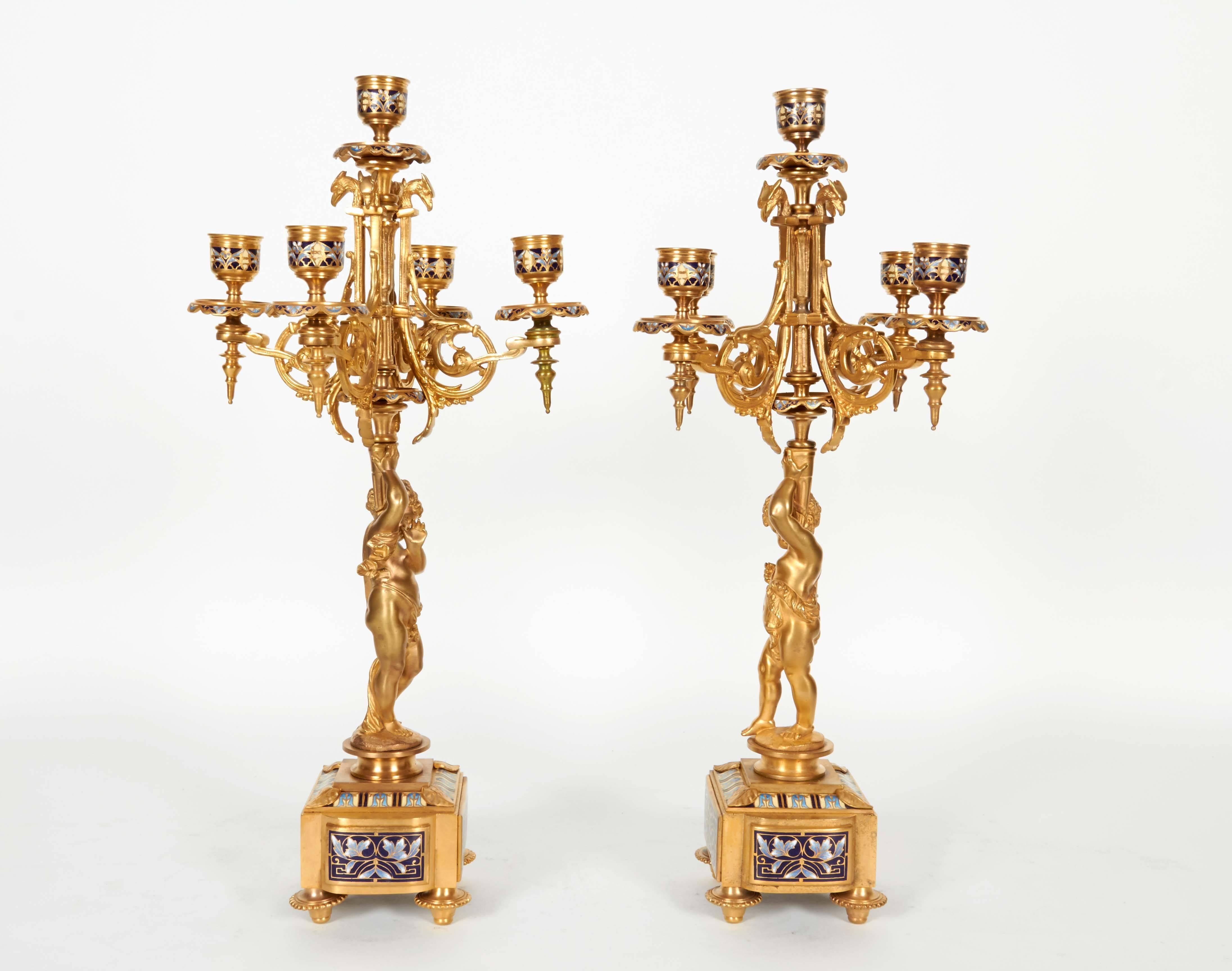 Pair of French Ormolu and Champleve Cloisonne Enamel Candelabra 5
