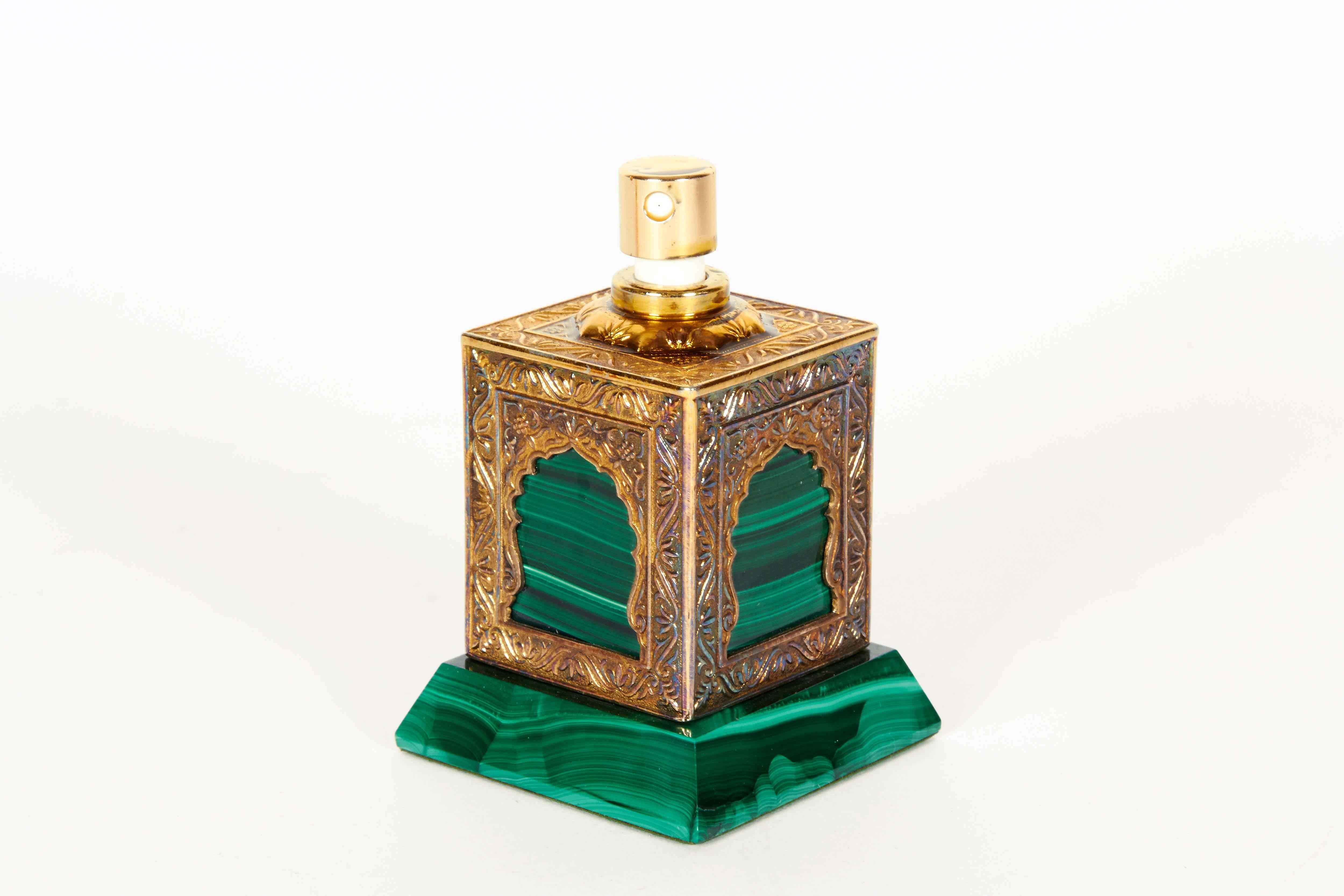 French Amouage Silver Gilt Malachite Perfume Bottle Islamic Arabic with Original Box