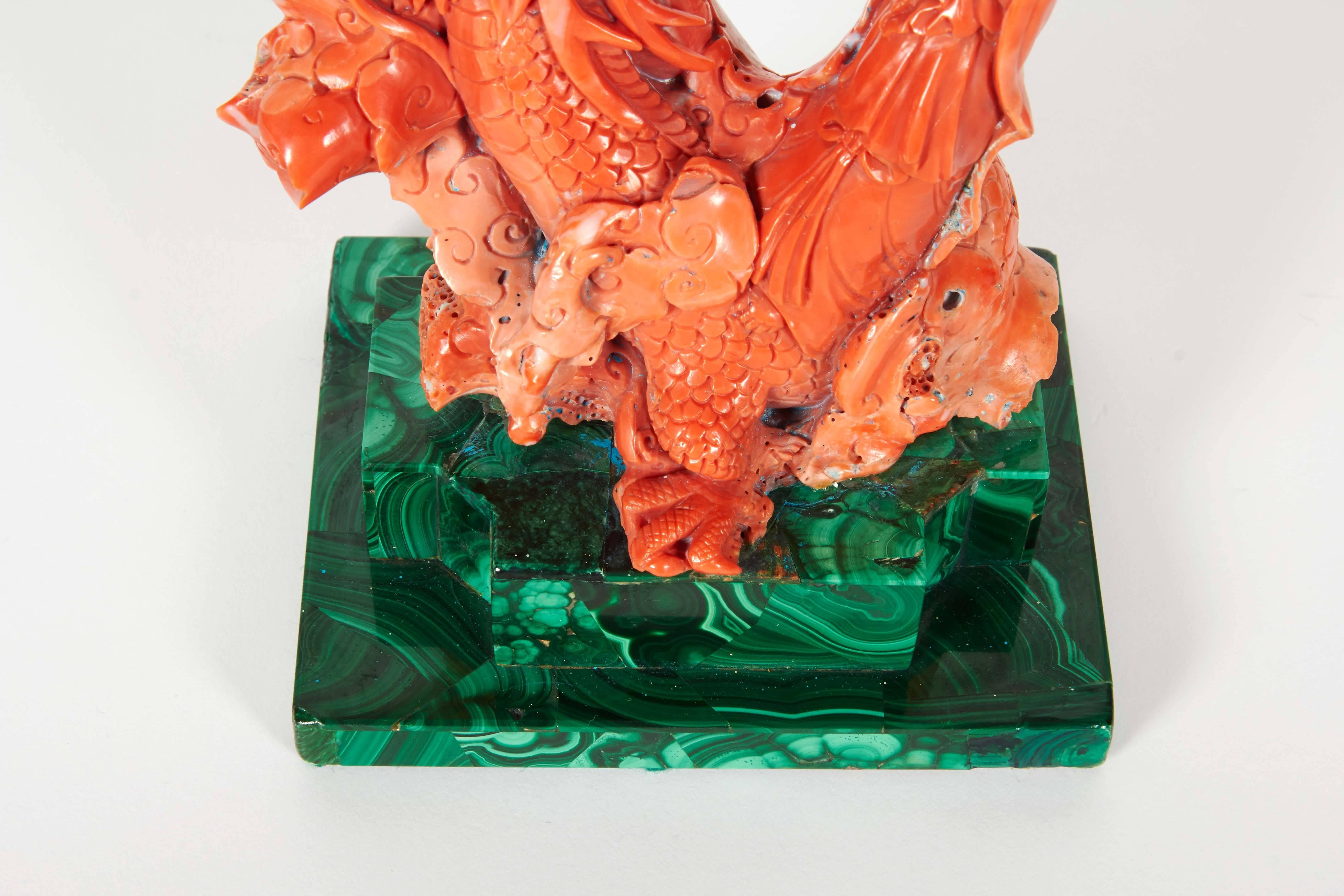 Very Fine Chinese Carved Coral Figure of Guanyin and Dragon on Malachite, Signed 4