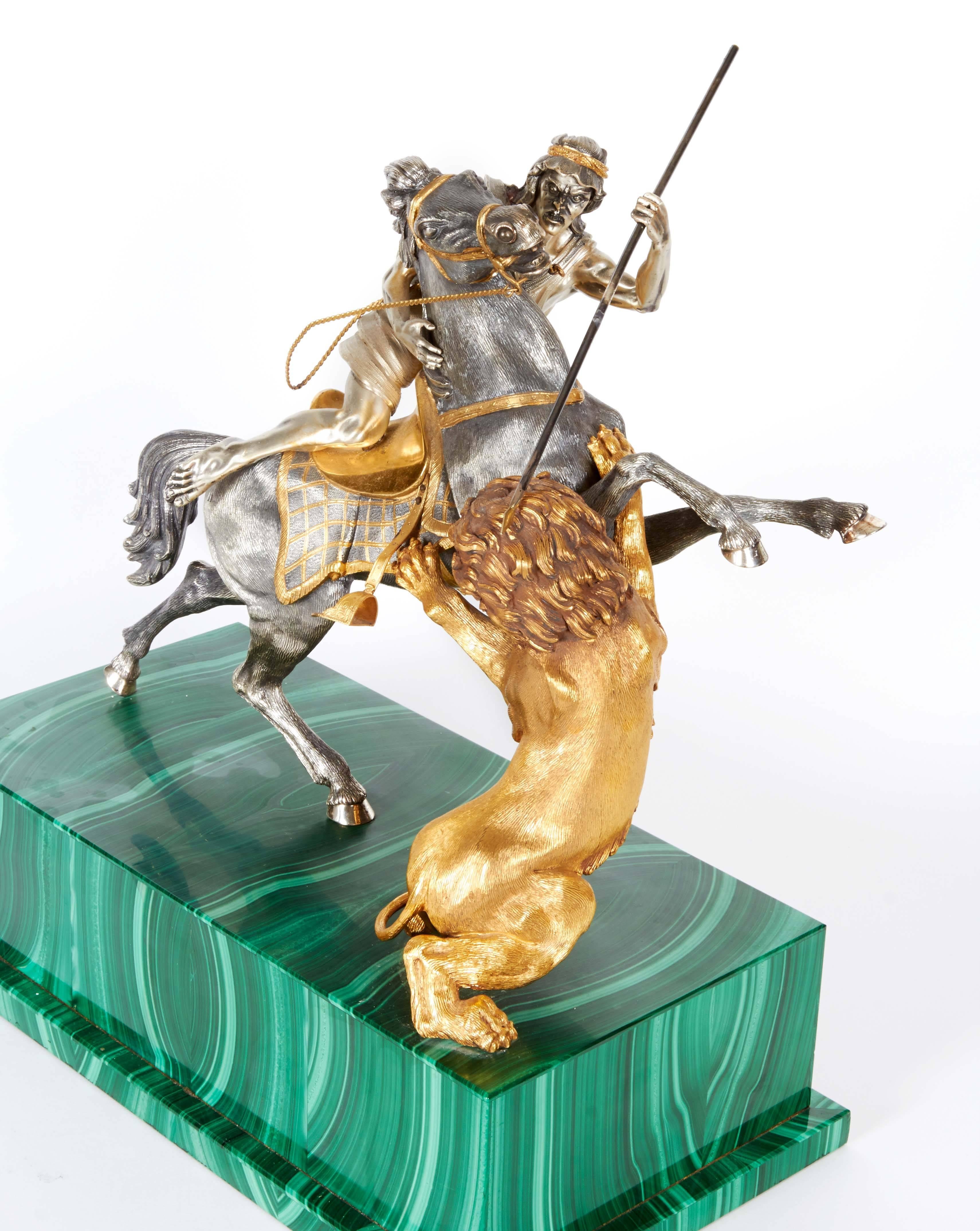 Fine Italian Silver and Silver Gilt Orientalist Sculpture on Malachite Base In Excellent Condition In New York, NY