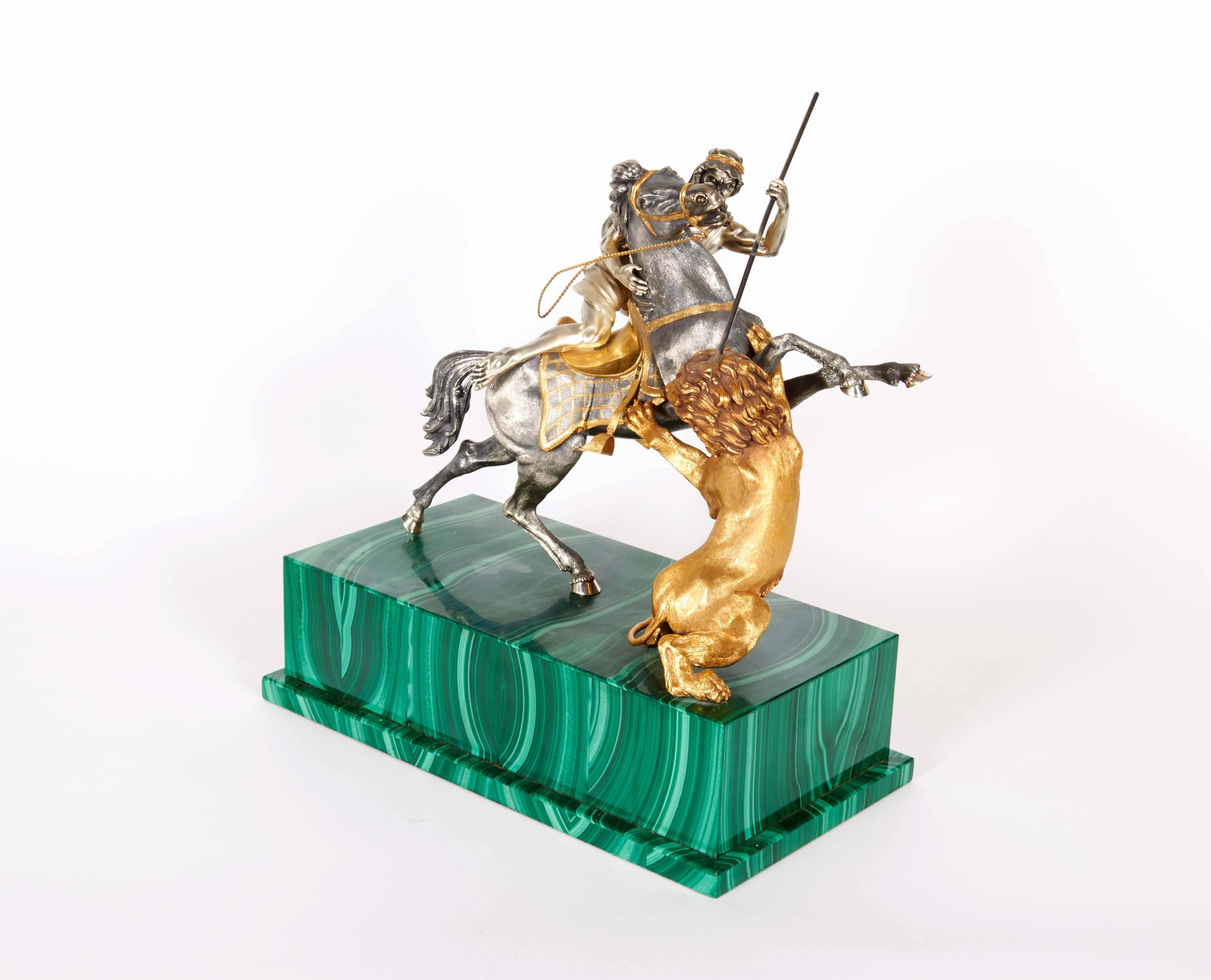 20th Century Fine Italian Silver and Silver Gilt Orientalist Sculpture on Malachite Base