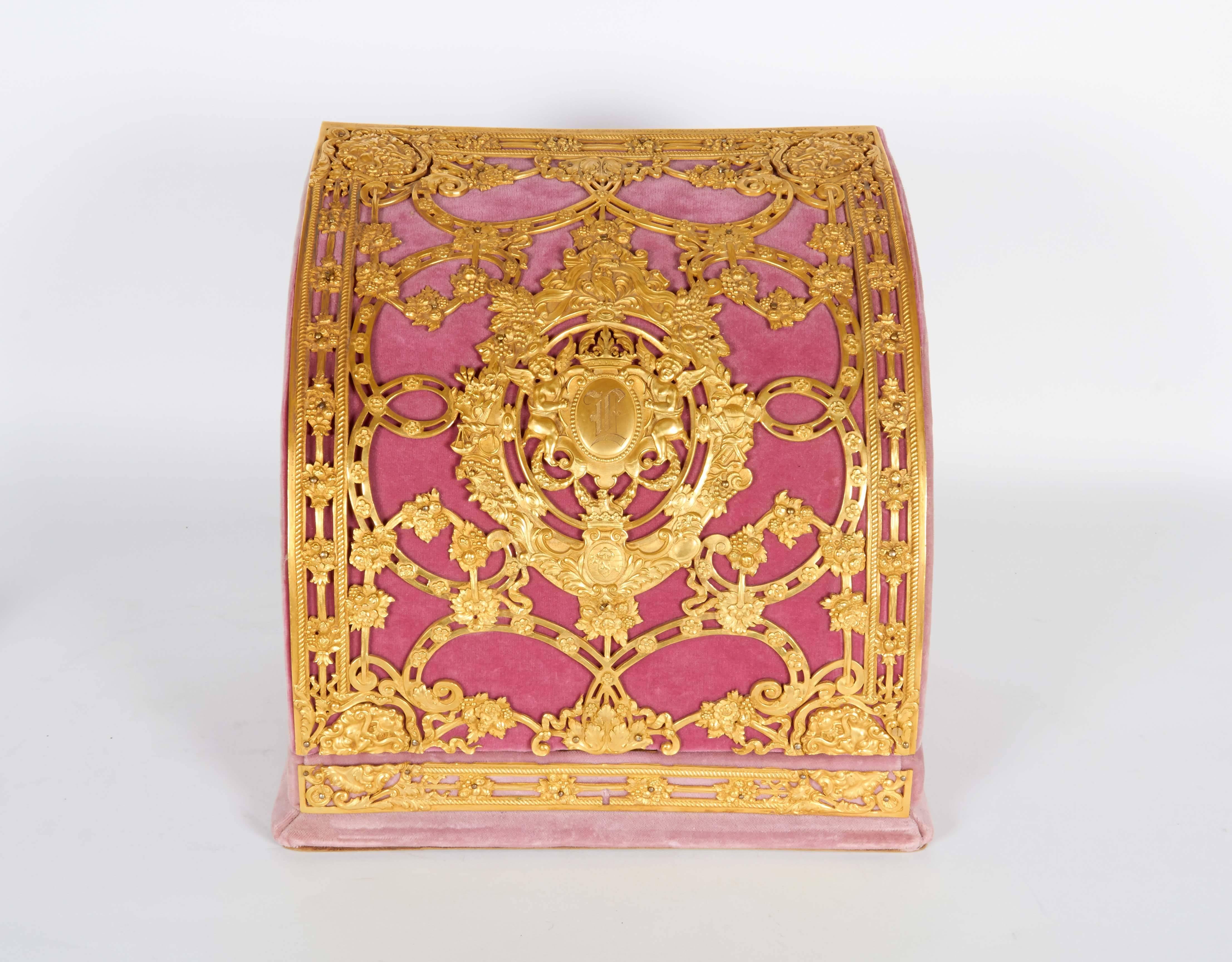 American Gilt Bronze Ormolu-Mounted Pink Velvet Desk Set E. F. Caldwell & Co. In Excellent Condition In New York, NY