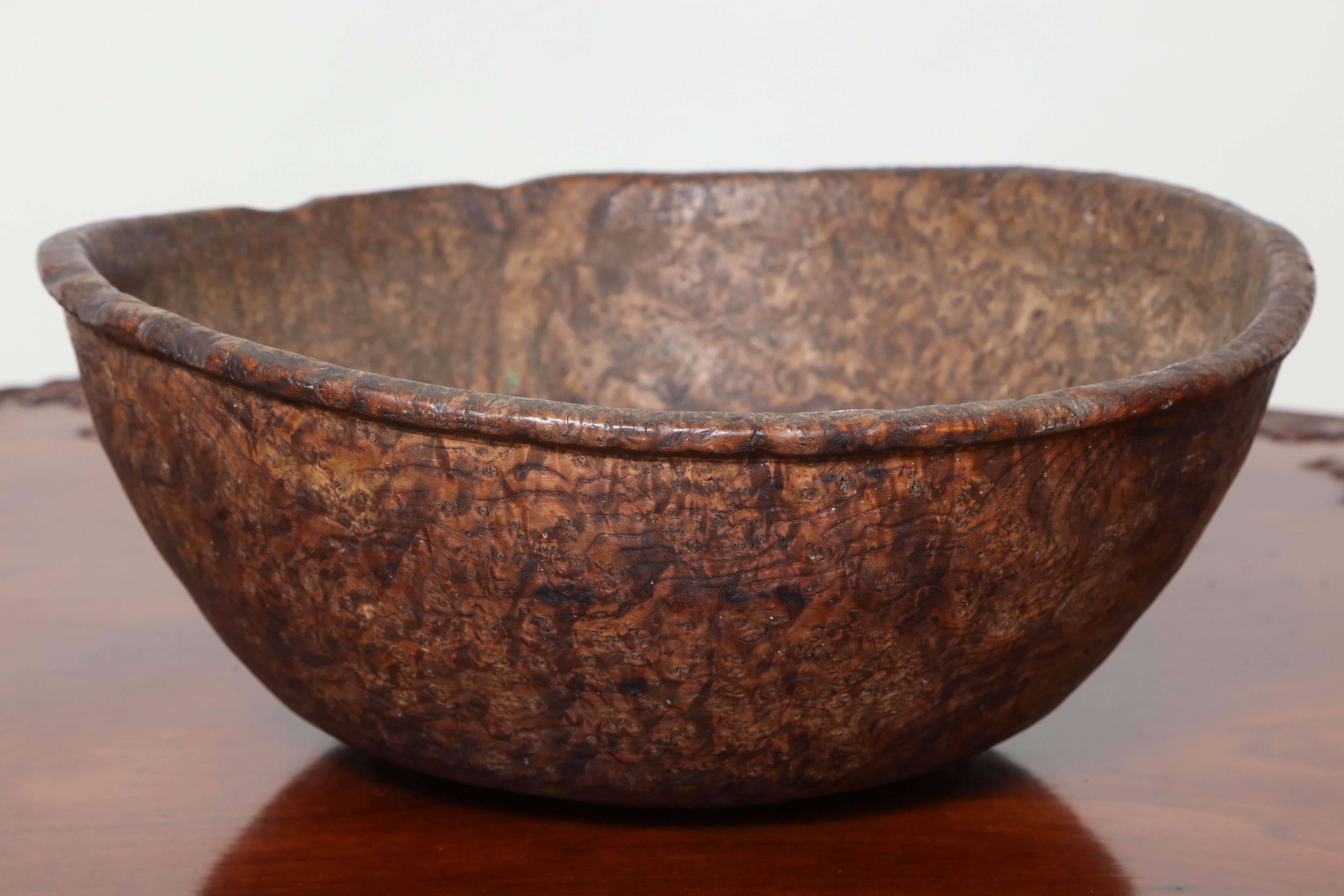 Rare 18th century American burl bowl with lipped edge, the body with fine and profuse burl grain and in lovely untouched, dry surface.