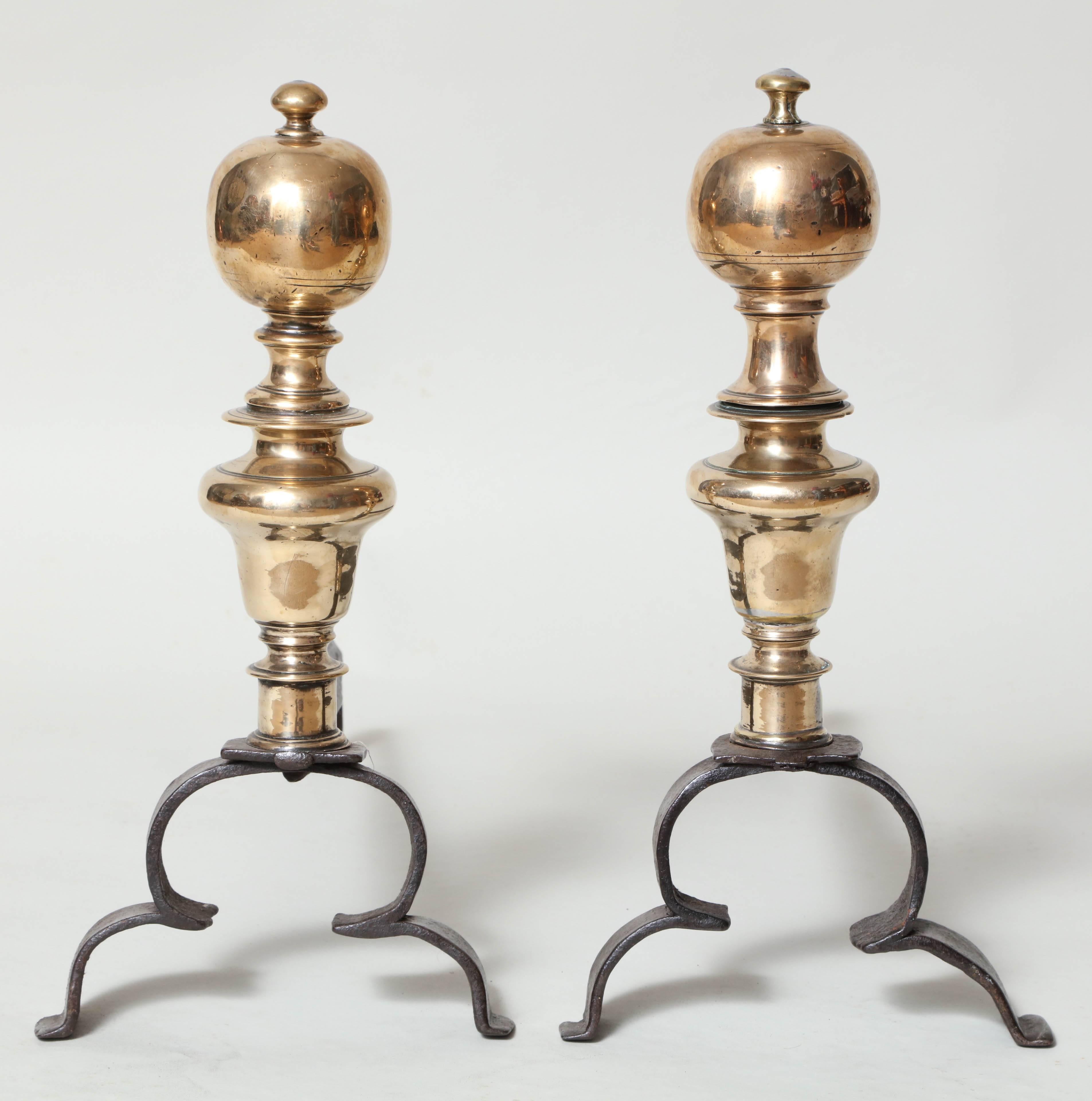 Baroque Pair of 17th Century Bronze and Iron Andirons