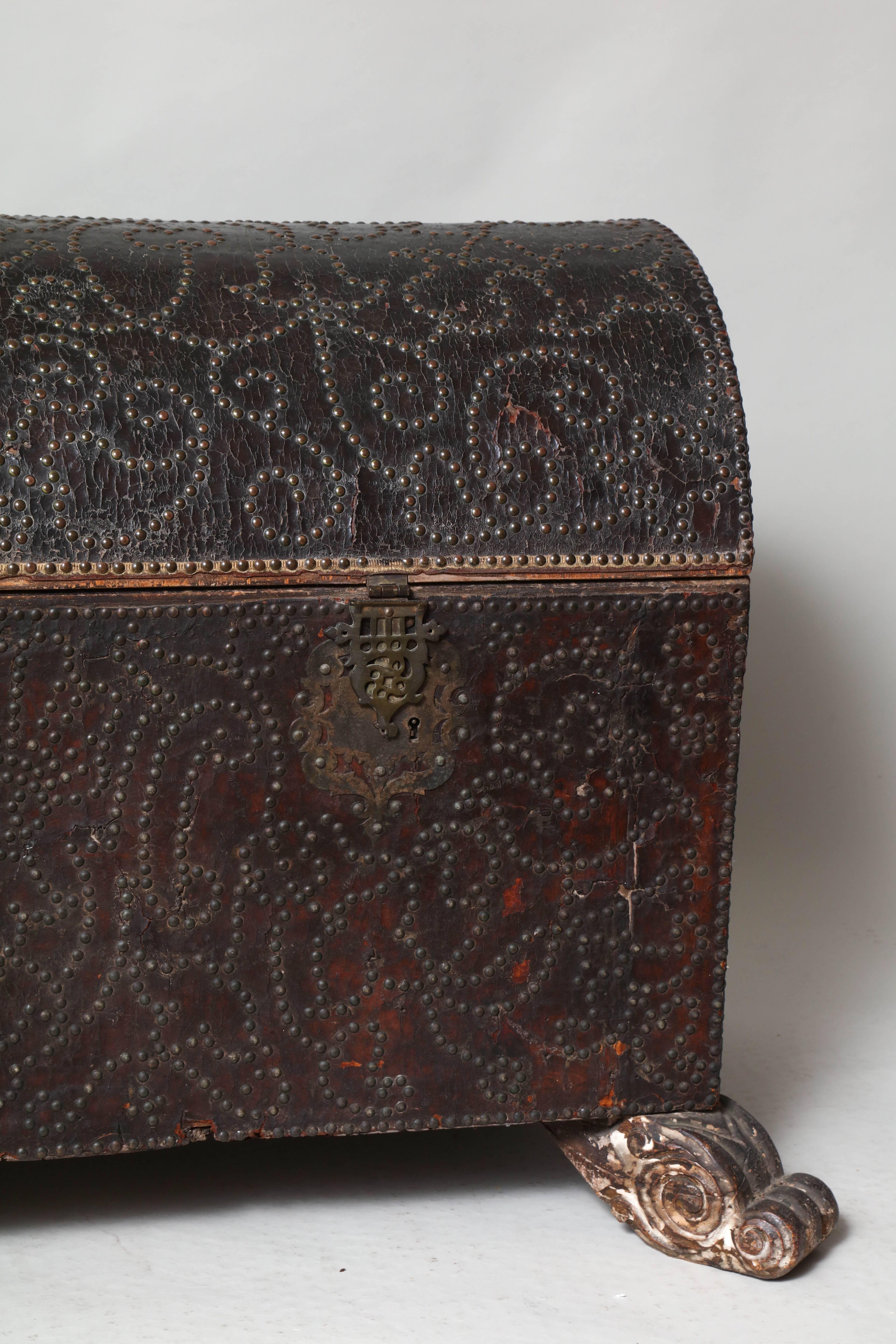 Baroque 18th Century Spanish Studded Leather Chest For Sale