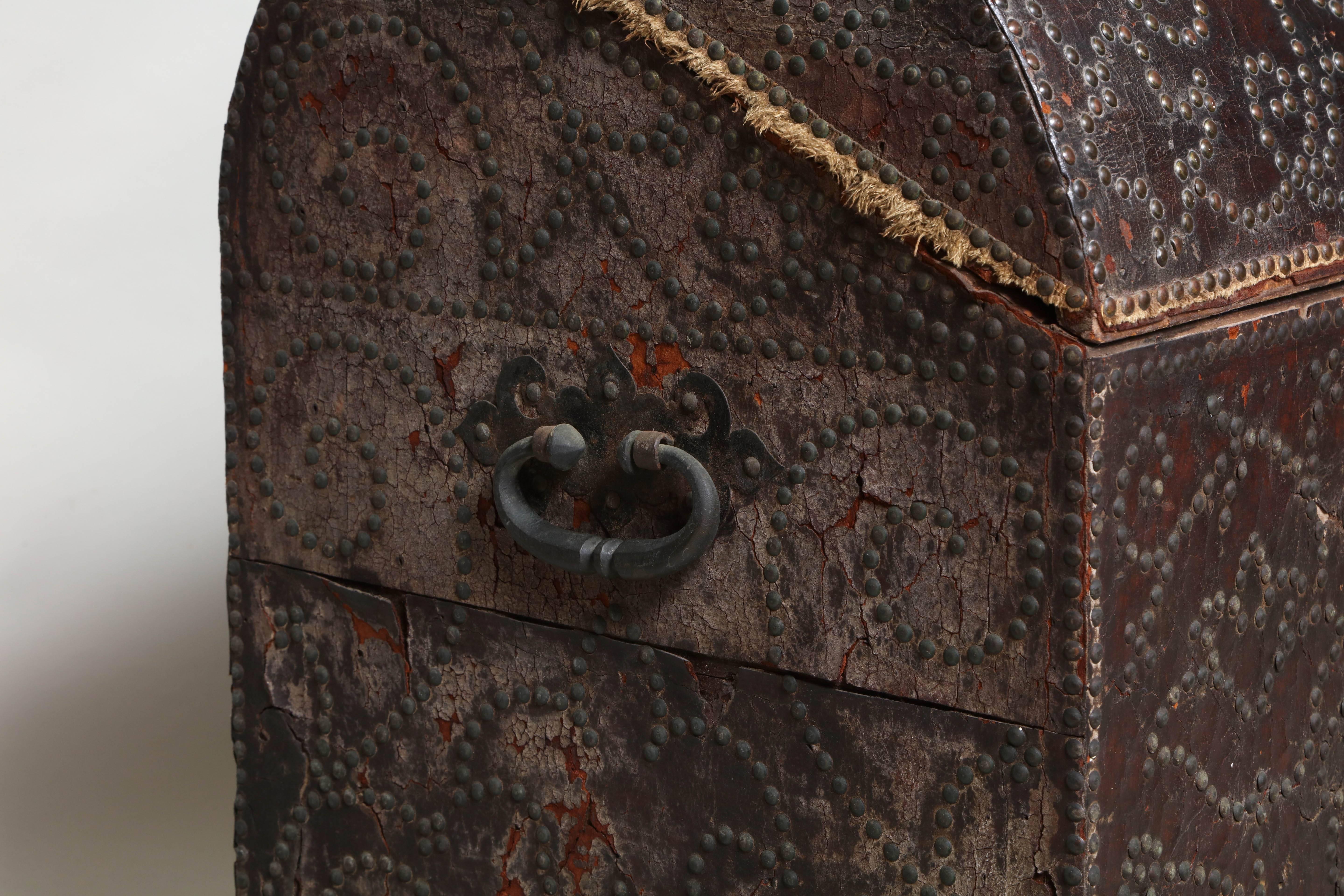 Brass 18th Century Spanish Studded Leather Chest For Sale