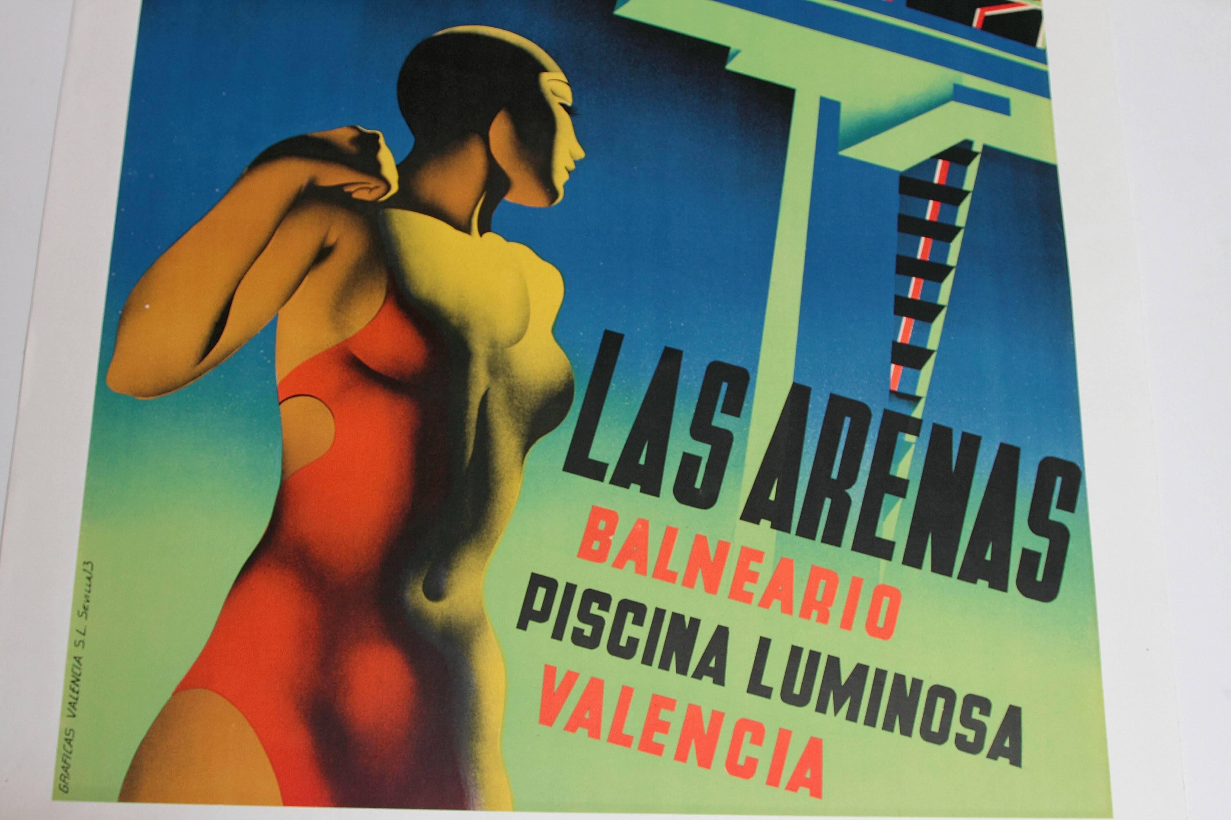 Renau executed movie and travel posters in Spain, in a style reminiscent of the Soviet avant-garde.
This Classic example from 1932 for the swimming pool at the über-posh Hotel Balneario Las Arenas Resort in Valencia.
Fully signed, excellent
