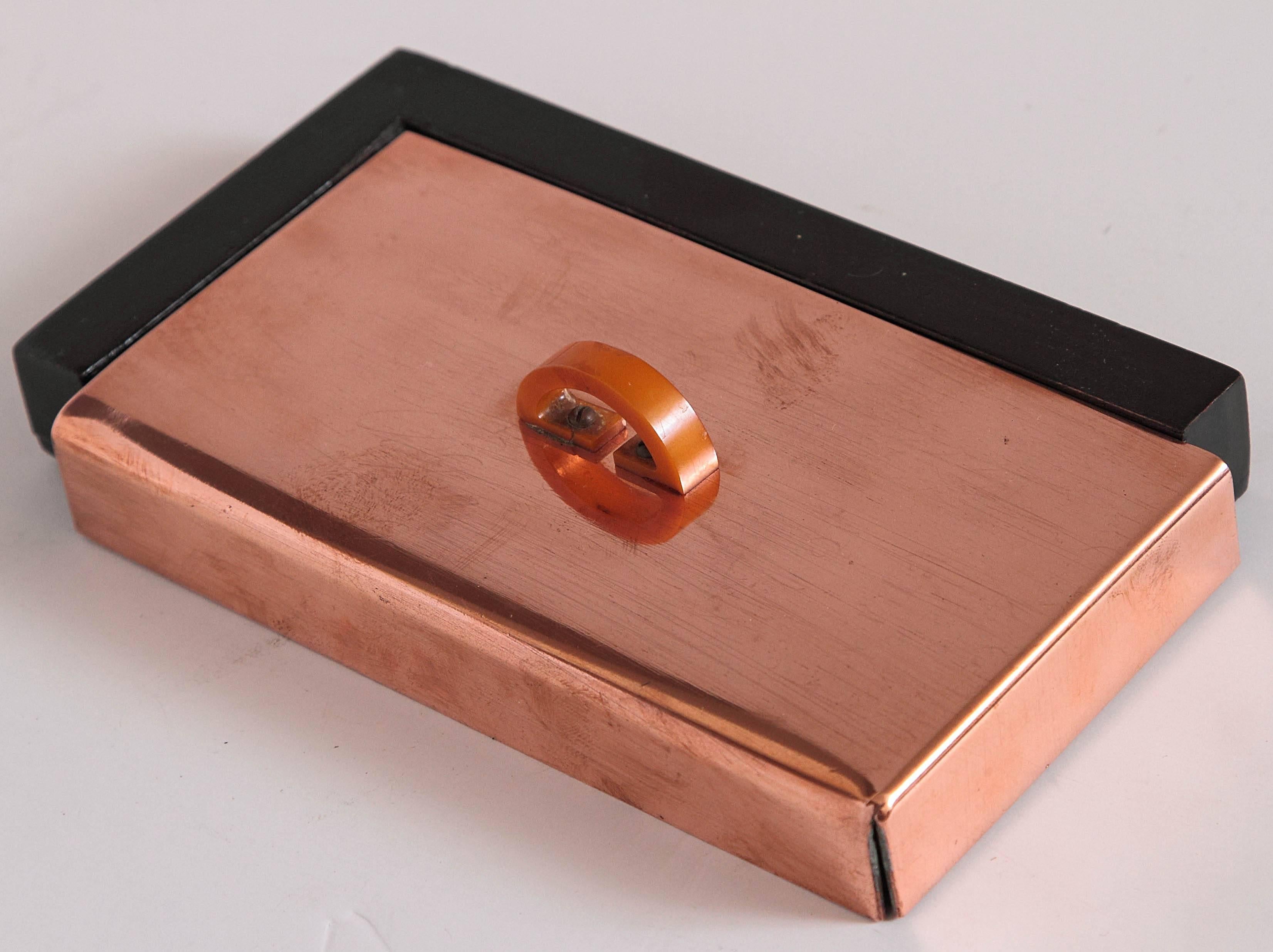 Lacquered Machine Age Art Deco Asymmetric Covered Box in Copper, Catalin and Lacquer For Sale